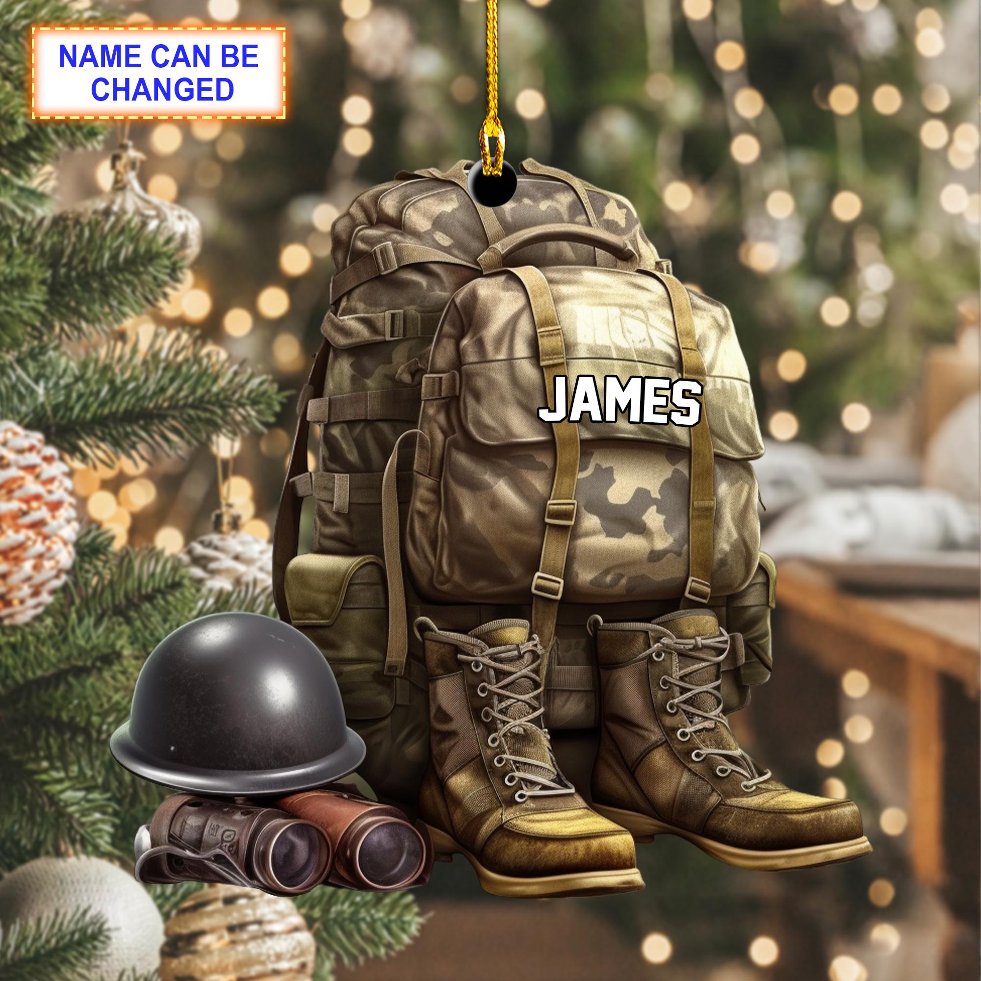 Custom Name Military Uniform Boots &amp; Helmet V2 Christmas Ornament, Christmas Tree Hanging Decor,Flat 2D Ornament Acrylic/Wooden,Veteran Gift