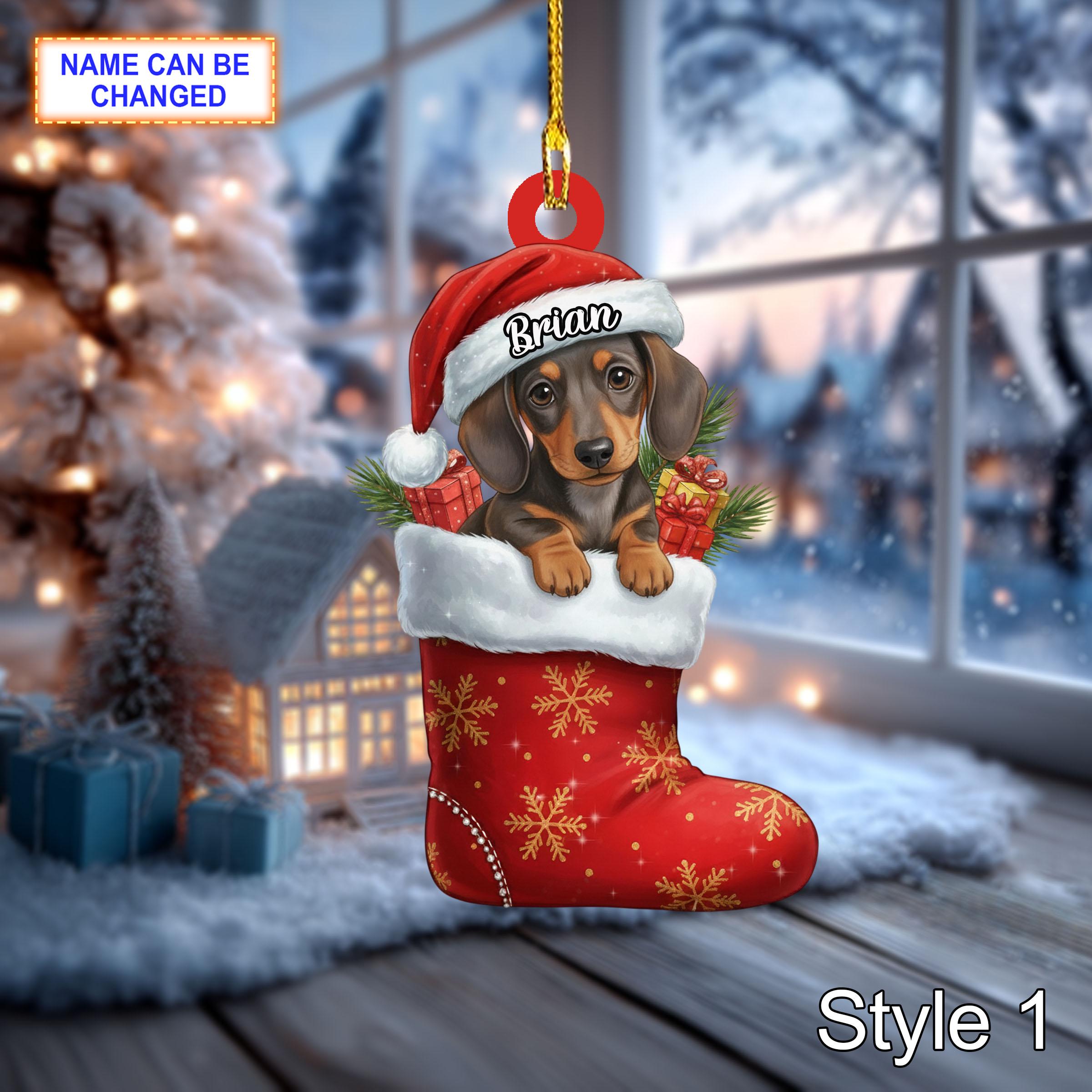 Custom Name Dog in Stocking Dachshund Personalized Ornament, Christmas Tree Hanging Decor, 2D Flat Acrylic Christmas Ornament Holiday Gift
