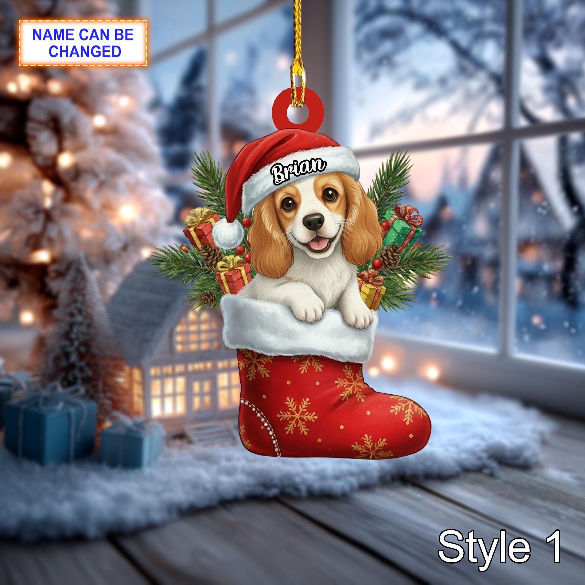Custom Name Dog in Stocking Cocker Spaniel Personalized Ornament, Christmas Hanging Decor, 2D Flat Acrylic Christmas Ornament Holiday Gift