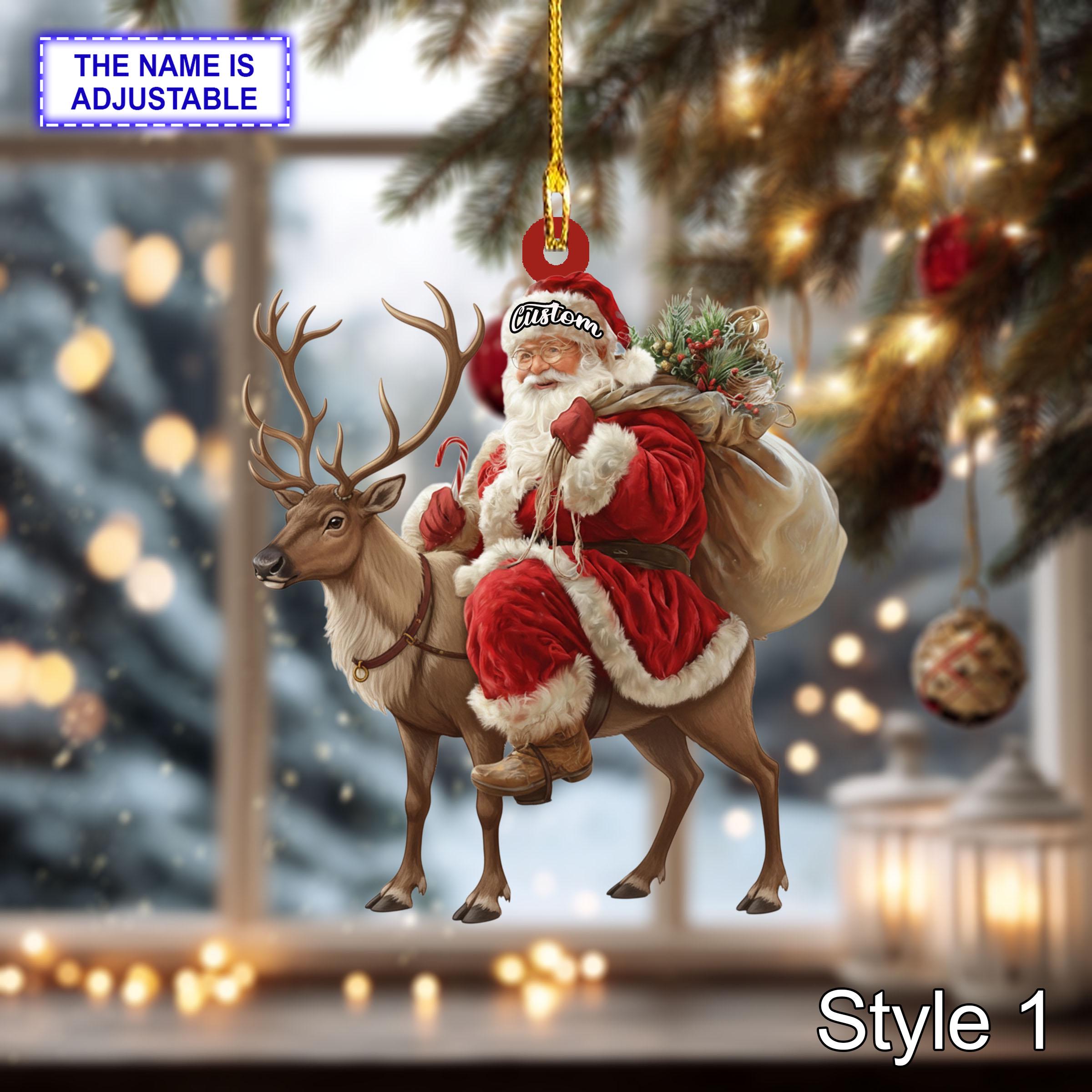 Santa riding Reindeer acrylic 2D flat Christmas ornament, festive tree hanging acrylic holiday decoration, unique Santa riding reindeer gift