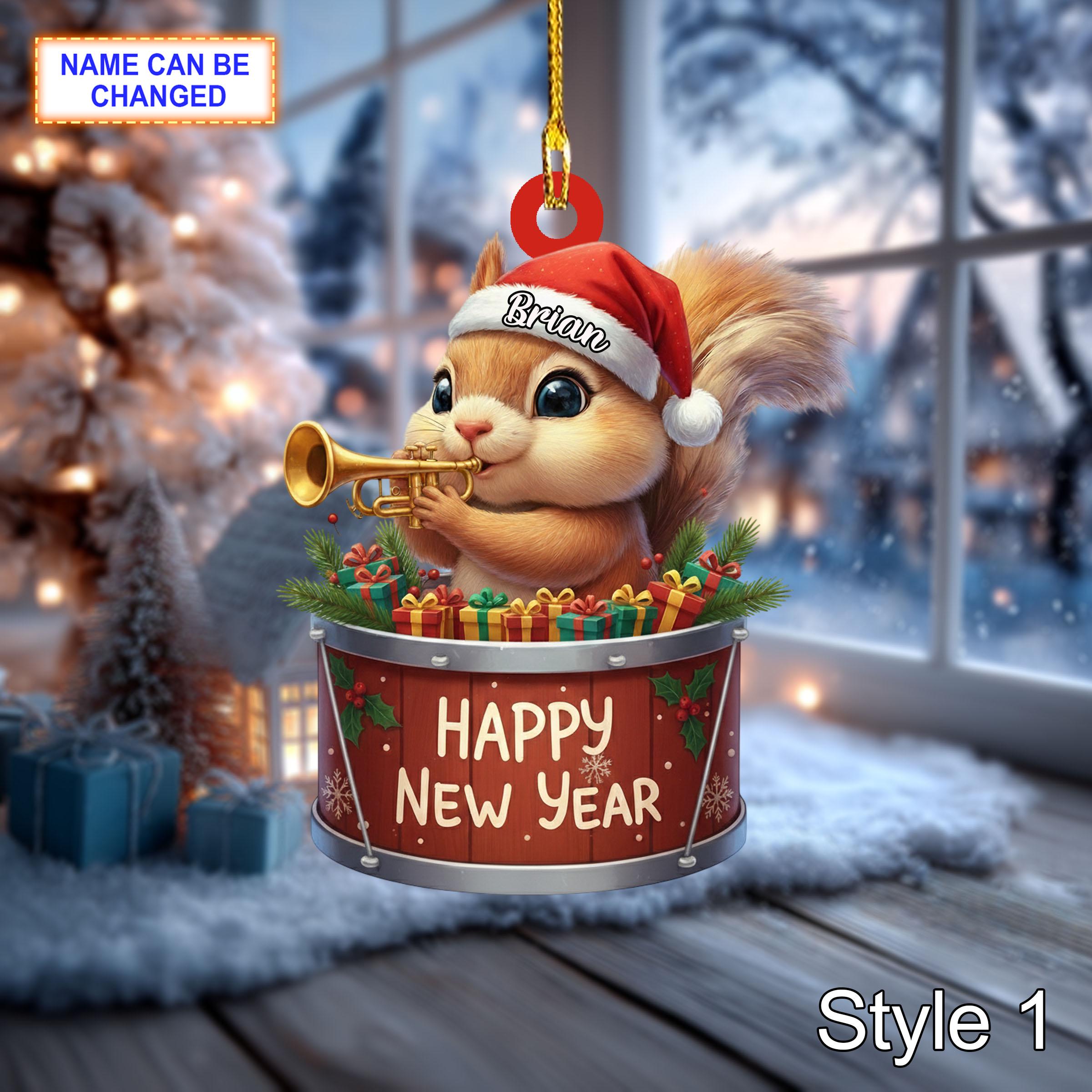 Custom Name Happy New Year Squirrel Personalized Ornament, Christmas Tree Hanging Decor, 2D Flat Acrylic Christmas Ornament Holiday Gift