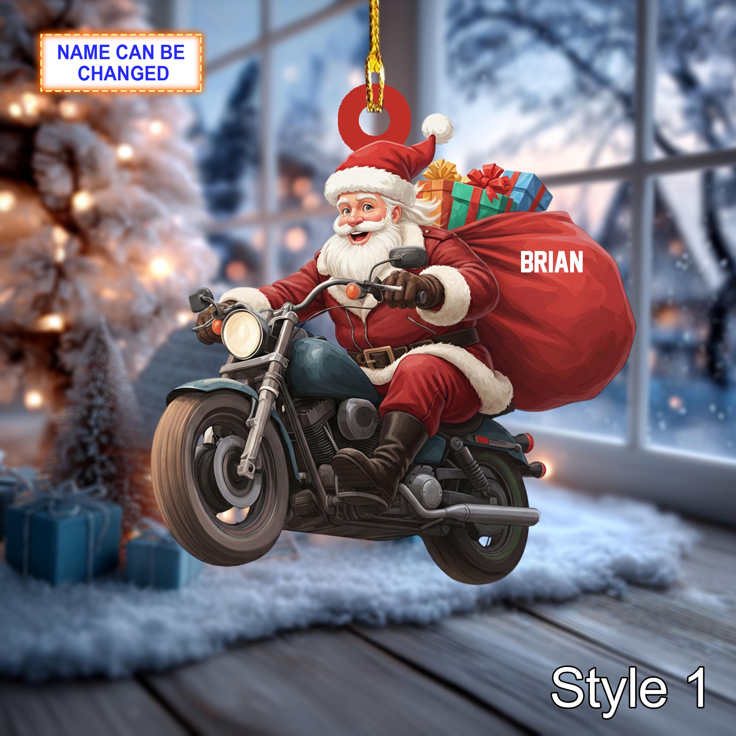 Custom Name Santa Drives Motorcycle Personalized Ornament, Christmas Tree Hanging Decor, 2D Flat Acrylic Christmas Ornament Holiday Gift