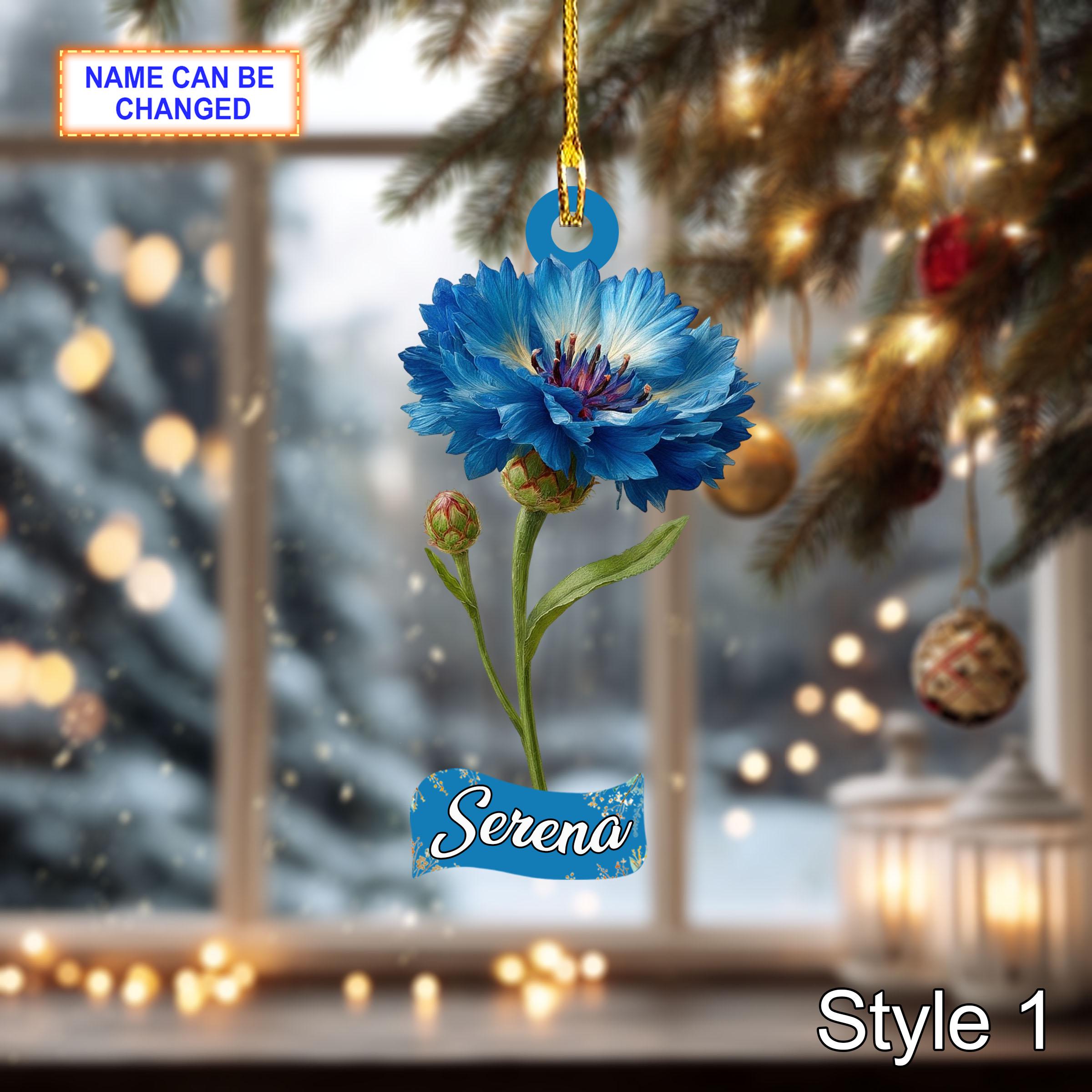 Custom Name Dry Pressing Centaurea Cyanus Personalized Ornament, Christmas Tree Hanging Decor, 2D Flat Acrylic Christmas Ornament Holiday