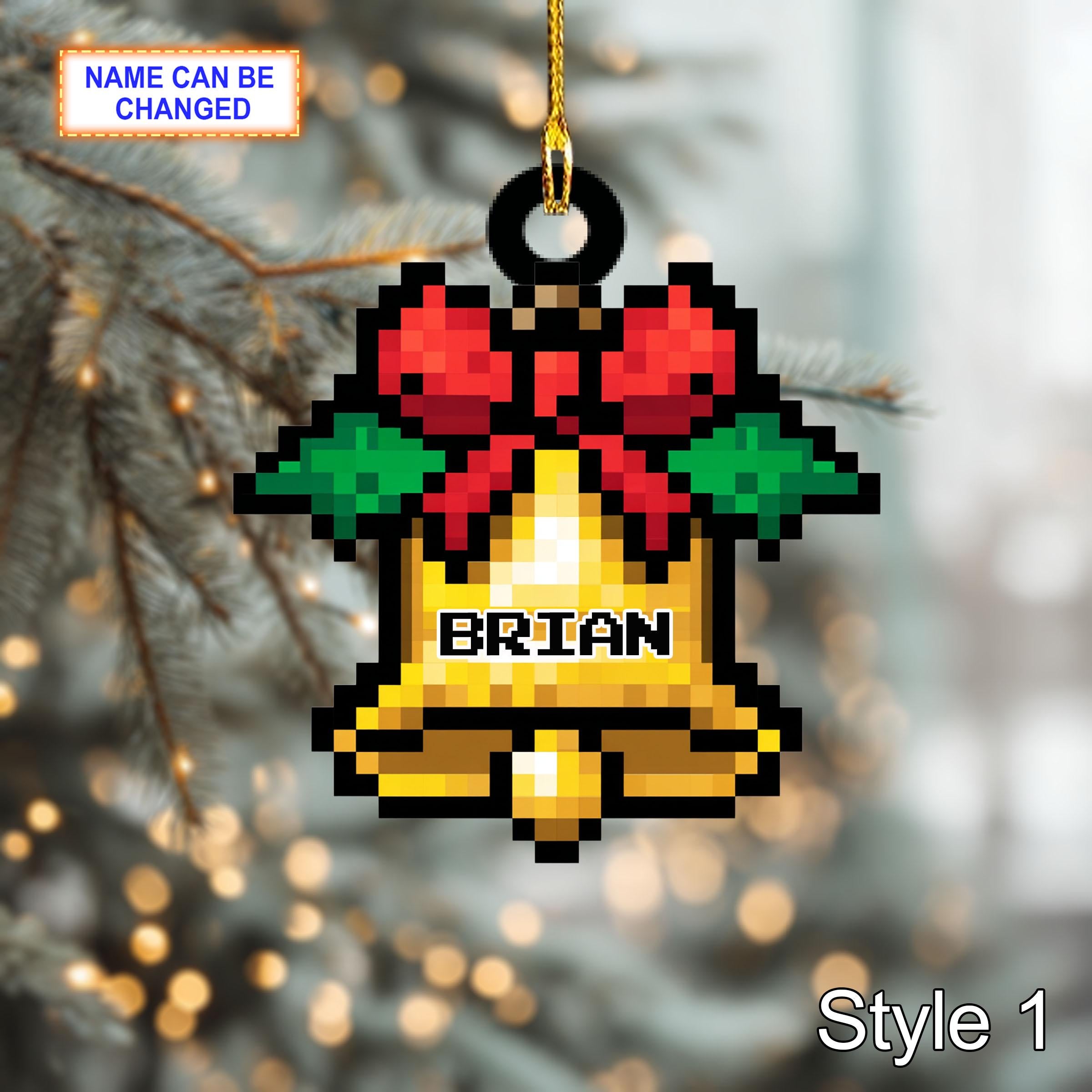 Custom Name Pixel Bell Personalized Ornament, Christmas Tree Hanging Decor, 2D Flat Acrylic Christmas Ornament Holiday Gift Set Joy Xmas