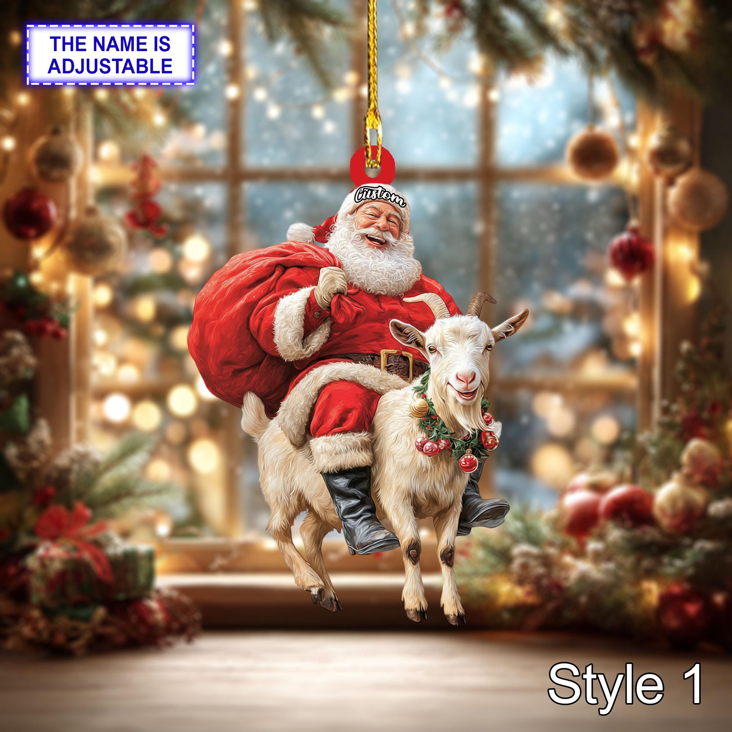 Santa riding Mountain Goat acrylic 2D flat Christmas ornament, festive tree hanging acrylic holiday decoration, Santa riding goat gift