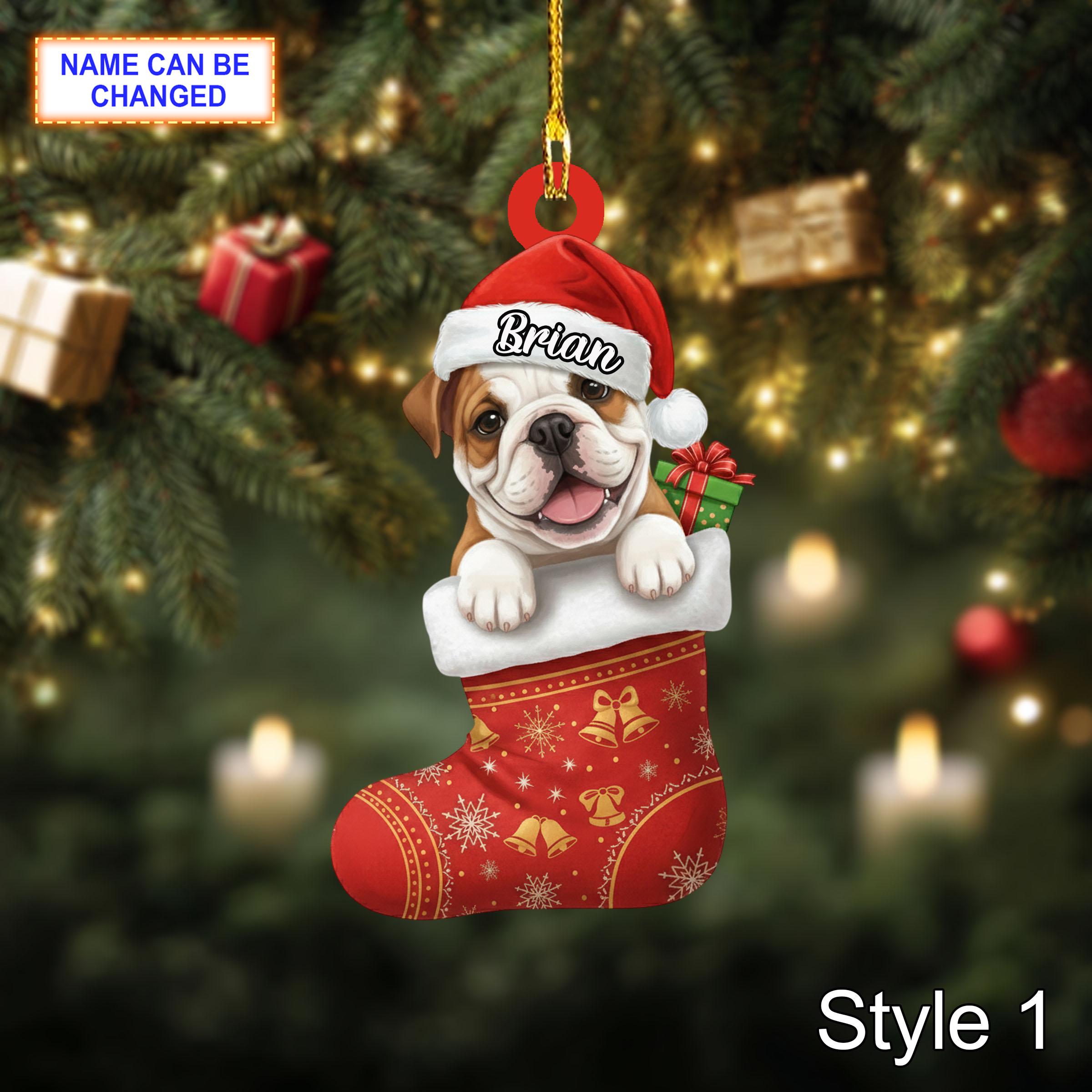 Custom Name Dog in Stocking Bulldog Personalized Ornament, Christmas Tree Hanging Decor, 2D Flat Acrylic Christmas Ornament Holiday Gift