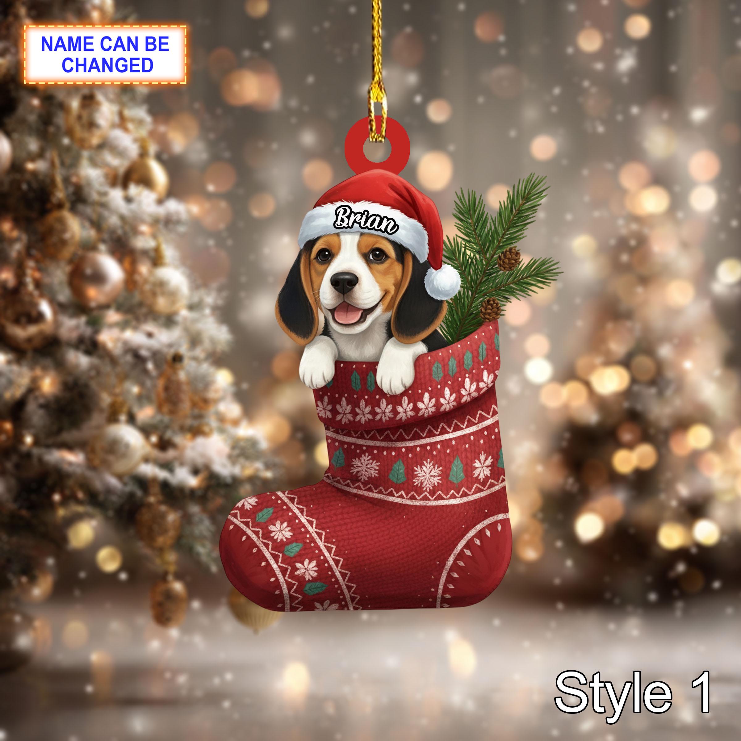 Custom Name Dog in Stocking Beagle Personalized Ornament, Christmas Tree Hanging Decor, 2D Flat Acrylic Christmas Ornament Holiday Gift