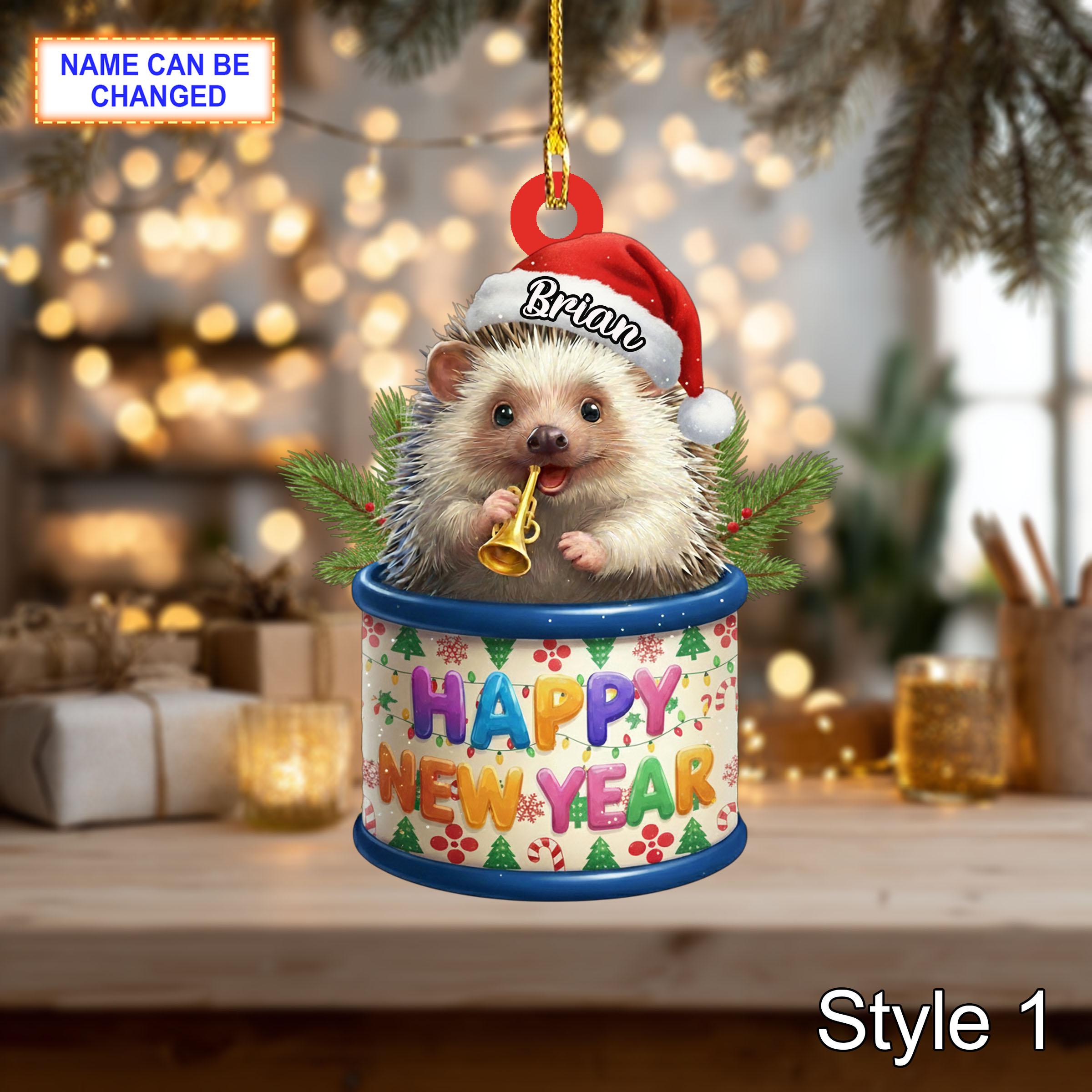 Custom Name Happy New Year Hedgehog Personalized Ornament, Christmas Tree Hanging Decor, 2D Flat Acrylic Christmas Ornament Holiday Gift