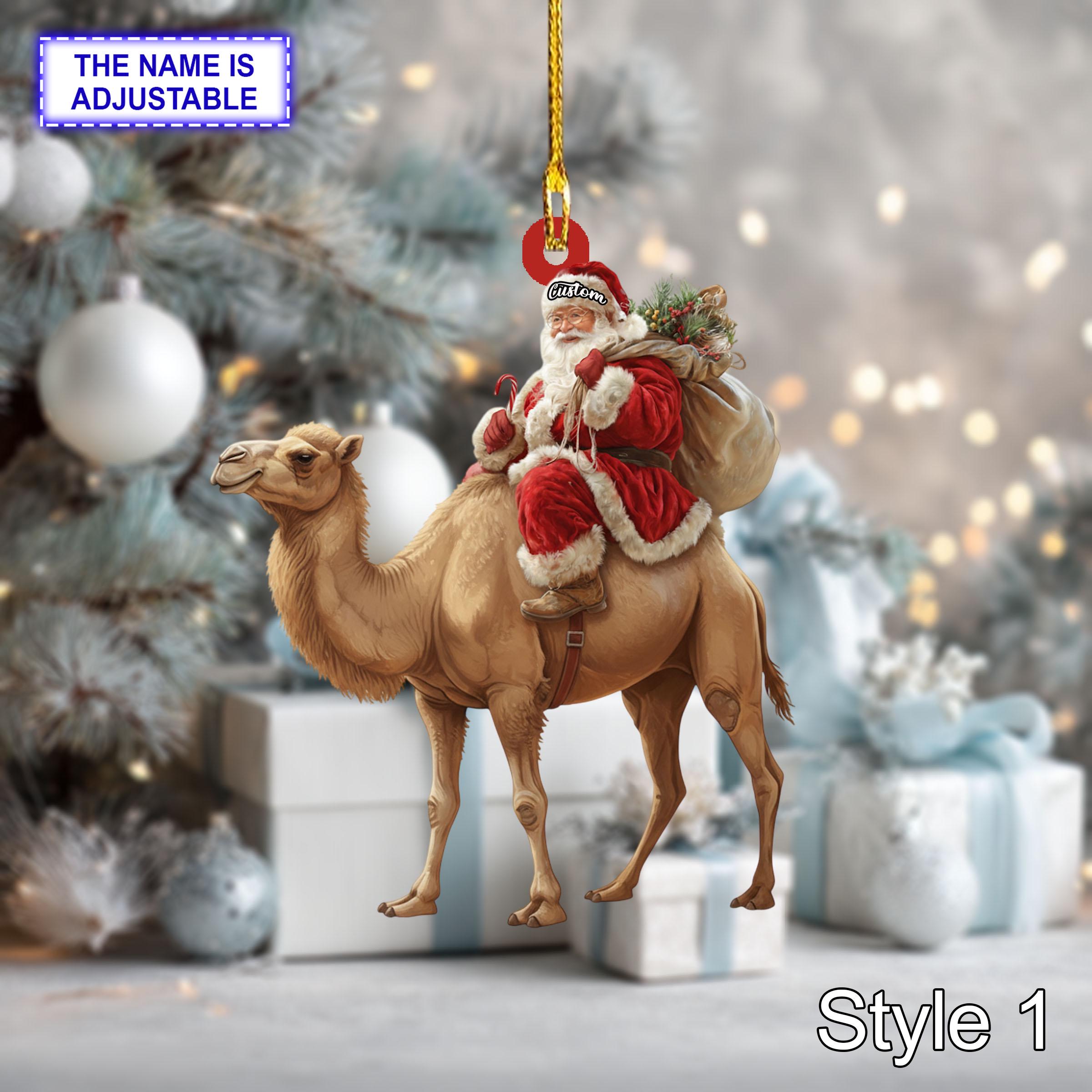 Santa riding Camel acrylic 2D flat Christmas ornament, festive tree hanging acrylic holiday decoration, unique Santa riding camel gift