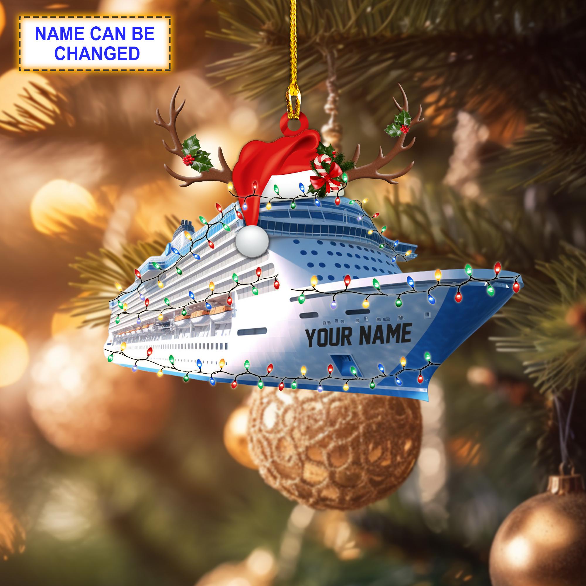 Custom Name Cruise With Led Light And Reindeer Hord V2 Christmas Ornament, Christmas Tree Hanging Decor, Flat 2D Ornament Acrylic/ Wooden