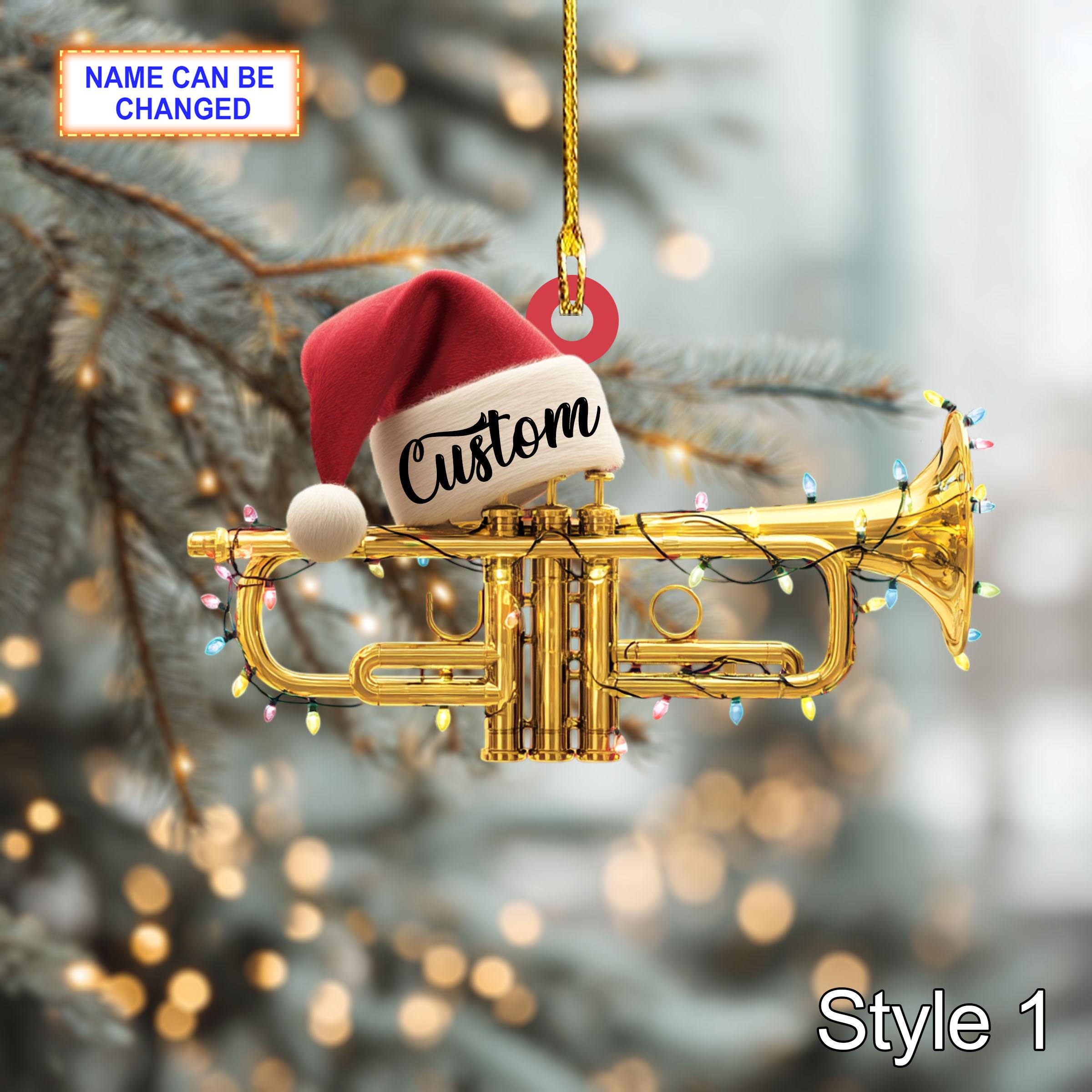 Musical Trumpet acrylic 2D flat Christmas ornament, festive tree hanging acrylic holiday decoration, unique trumpet musical holiday gift
