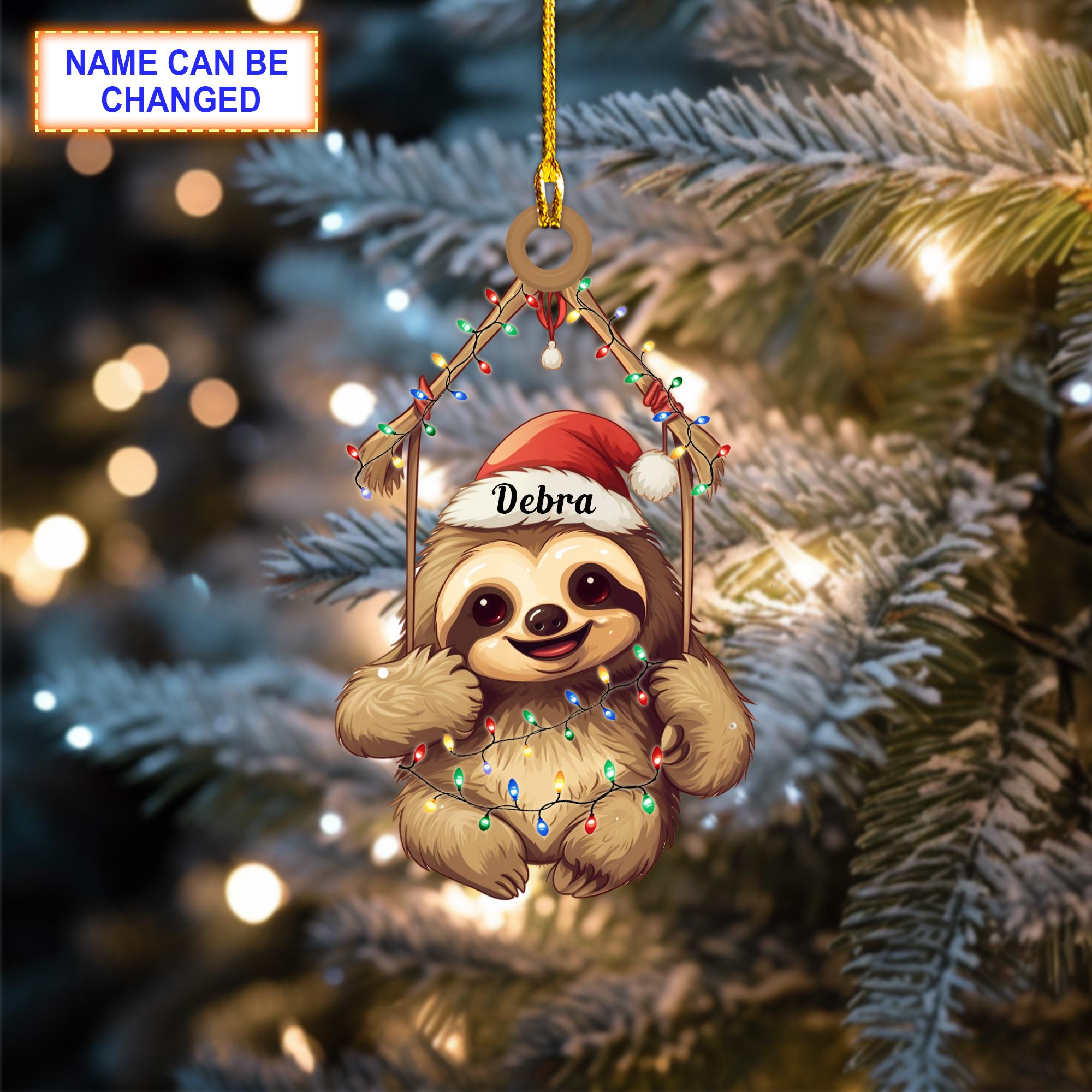 Custom Name Sloth Christmas Light Hanging Christmas Ornament, Christmas Tree Hanging Decor, Flat 2D Ornament Acrylic/ Wooden