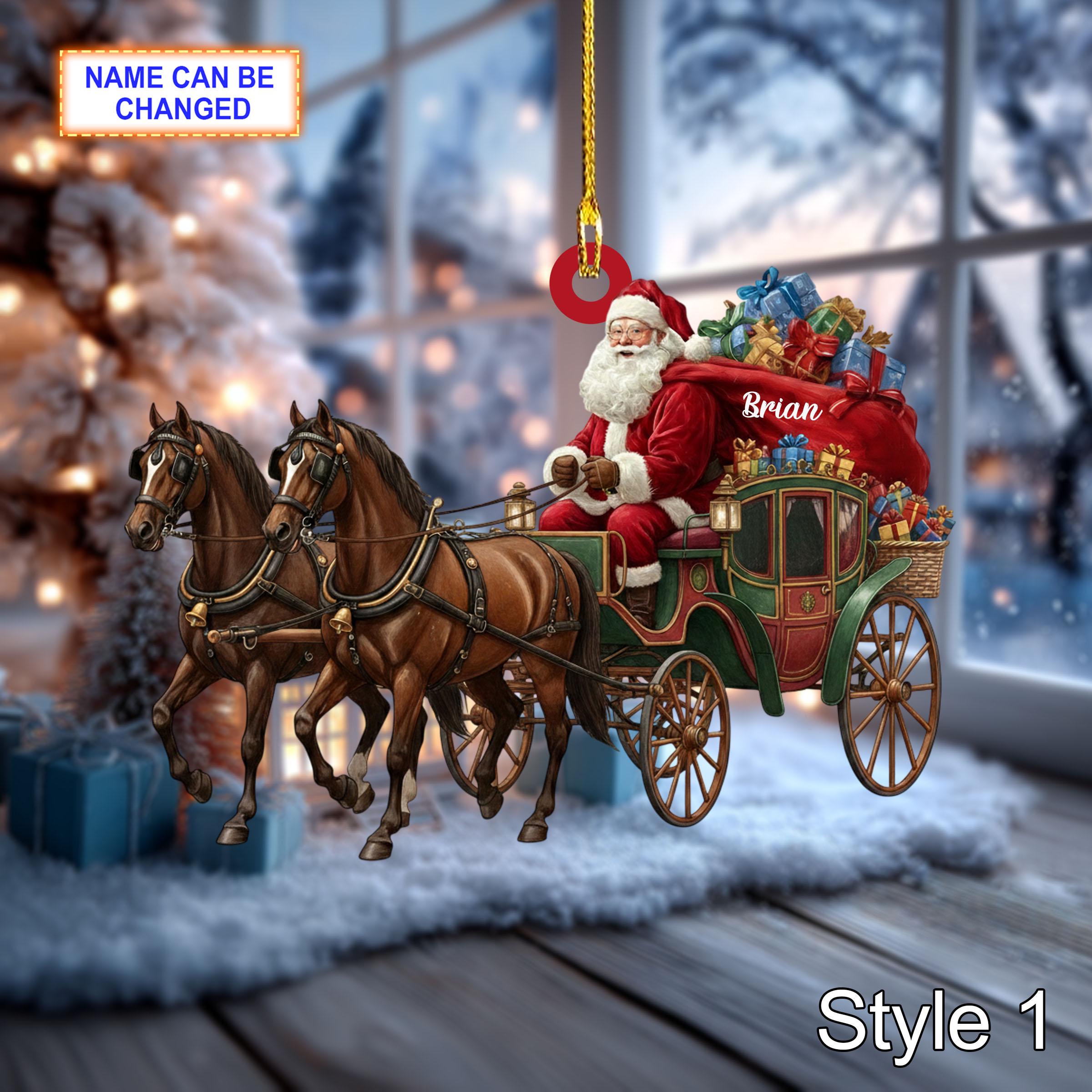 Custom Name Santa Drives Carriage Personalized Ornament, Christmas Tree Hanging Decor, 2D Flat Acrylic Christmas Ornament Holiday Gift Joy