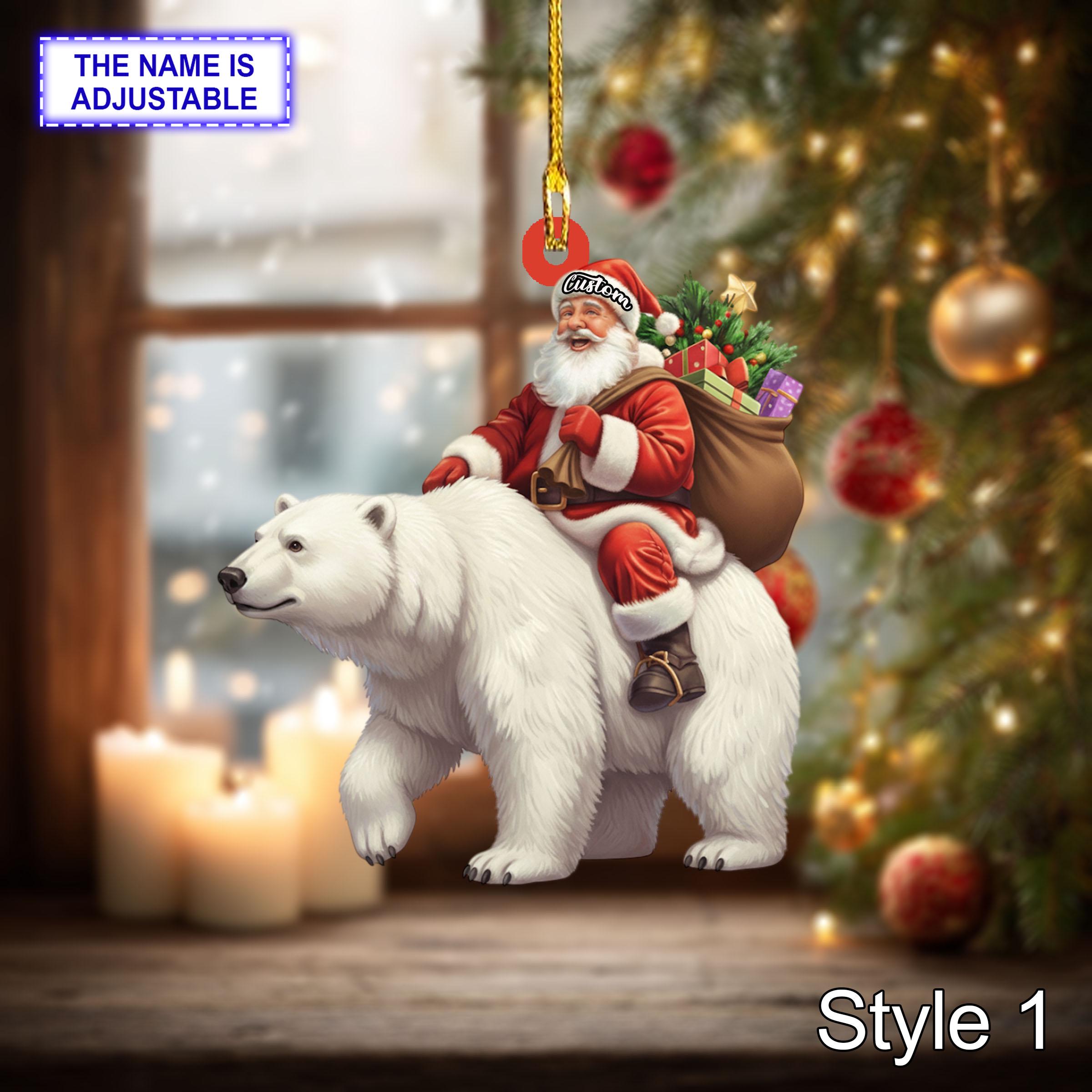 Santa riding Polar Bear acrylic 2D flat Christmas ornament, festive tree hanging acrylic holiday decoration, Santa riding polar bear gift