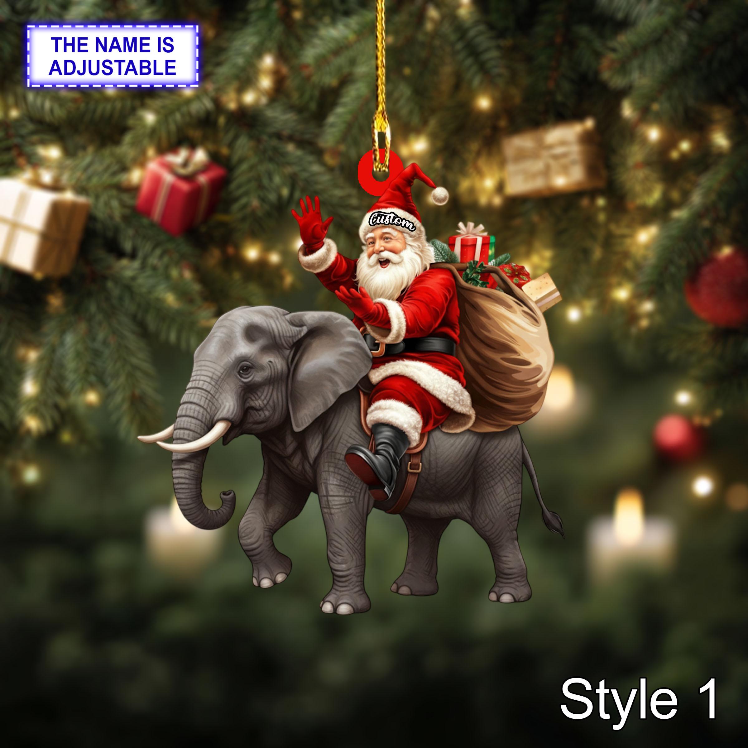 Santa riding Elephant acrylic 2D flat Christmas ornament, festive tree hanging acrylic holiday decoration, unique Santa riding elephant gift