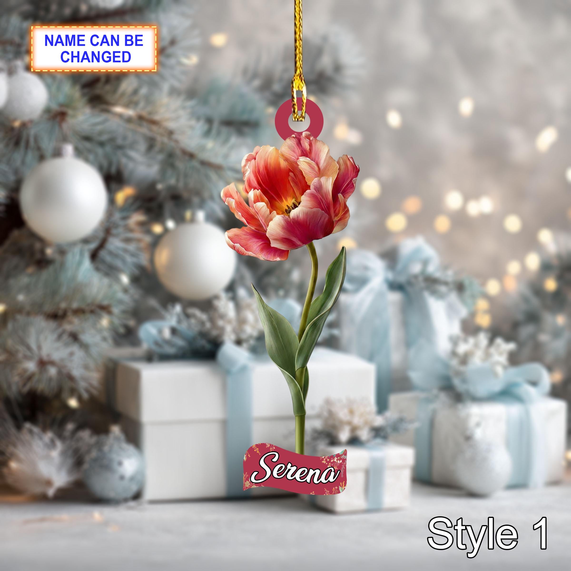 Custom Name Dry Pressing Tulip Personalized Ornament, Christmas Tree Hanging Decoration, 2D Flat Acrylic Christmas Ornament Holiday Gift