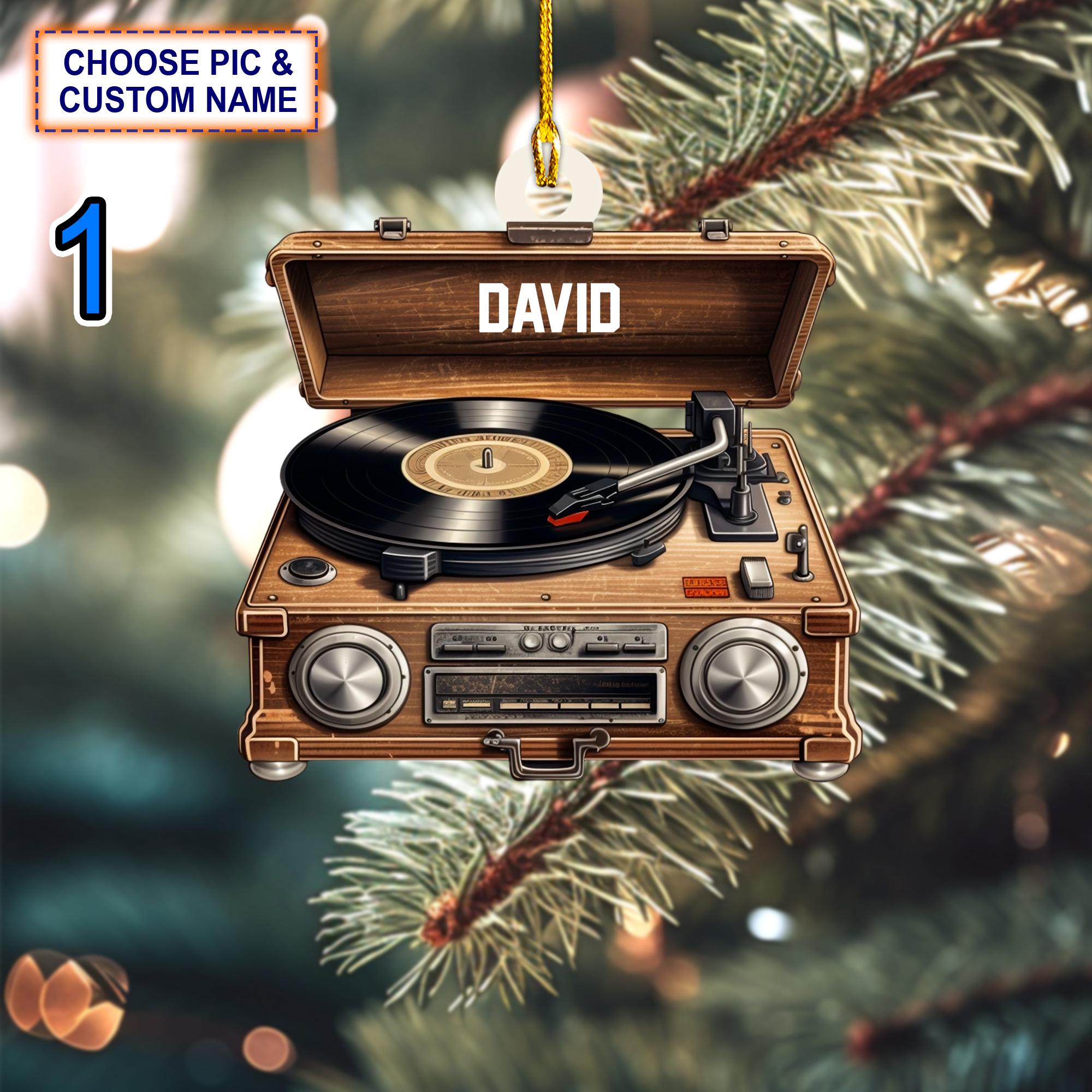 Custom Name Vinyl Record Player Christmas Ornament, Christmas Tree Hanging Decor, Flat 2D Ornament Acrylic/ Wooden, Gift For Vinyl Lovers