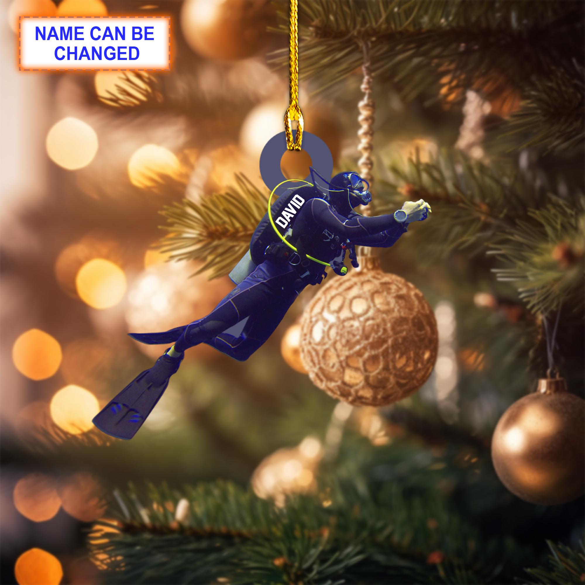 Custom Name Scuba Diver Christmas Ornament, Christmas Tree Hanging Decor, Flat 2D Ornament Acrylic/ Wooden, Scuba Diving Ornament