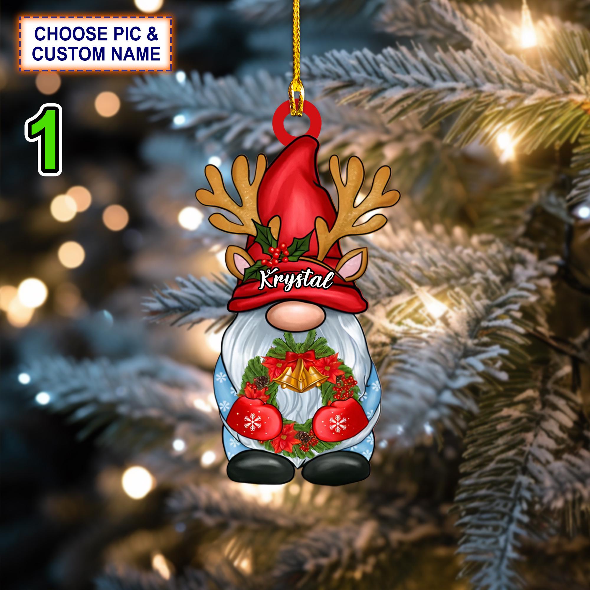 Custom Name Xmas Gnome Christmas Ornament, Christmas Tree Hanging Decor, Flat 2D Ornament Acrylic/ Wooden, Cute Gnome Gift