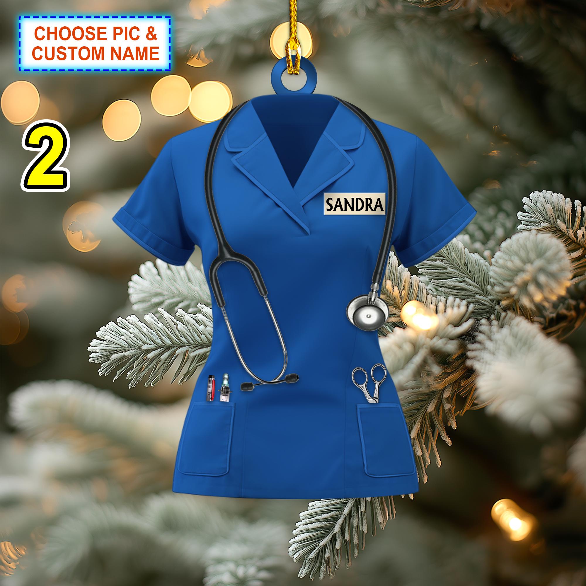 Custom Name Nurse Scrubs Christmas Ornament, Christmas Tree Hanging Decor, Flat 2D Ornament Acrylic/ Wooden, Nursing, Gift For Nurse