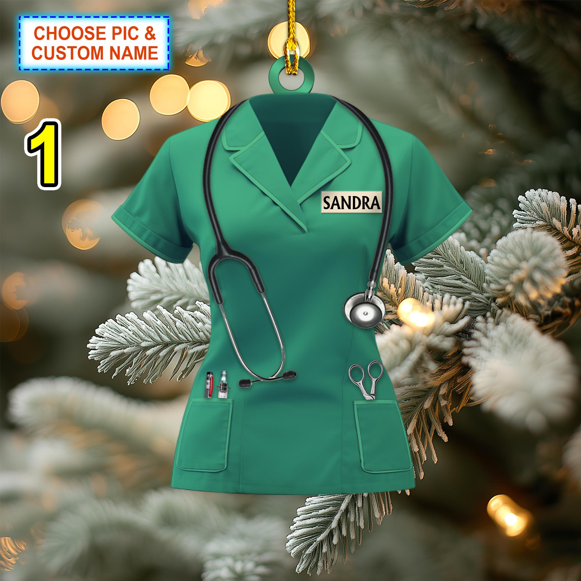 Custom Name Nurse Scrubs Christmas Ornament, Christmas Tree Hanging Decor, Flat 2D Ornament Acrylic/ Wooden, Nursing, Gift For Nurse