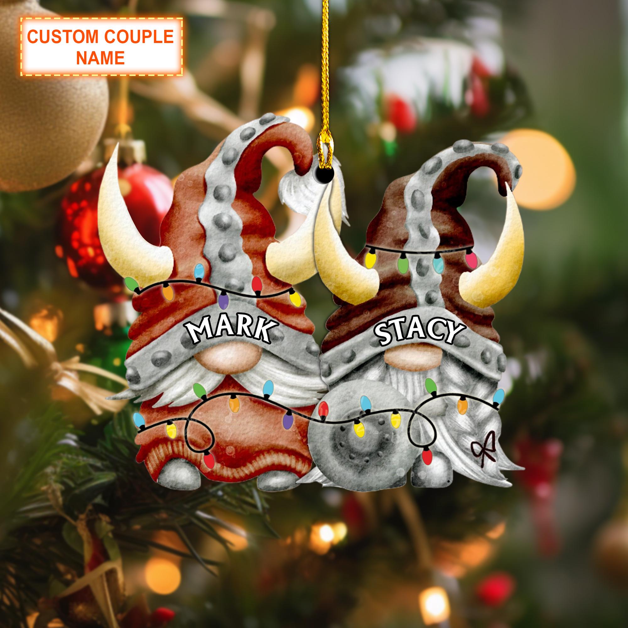 Custom Couple Name Viking Gnome Couple Christmas Ornament, Christmas Tree Hanging Decor, Flat 2D Ornament Acrylic/ Wooden, Gift For Couple