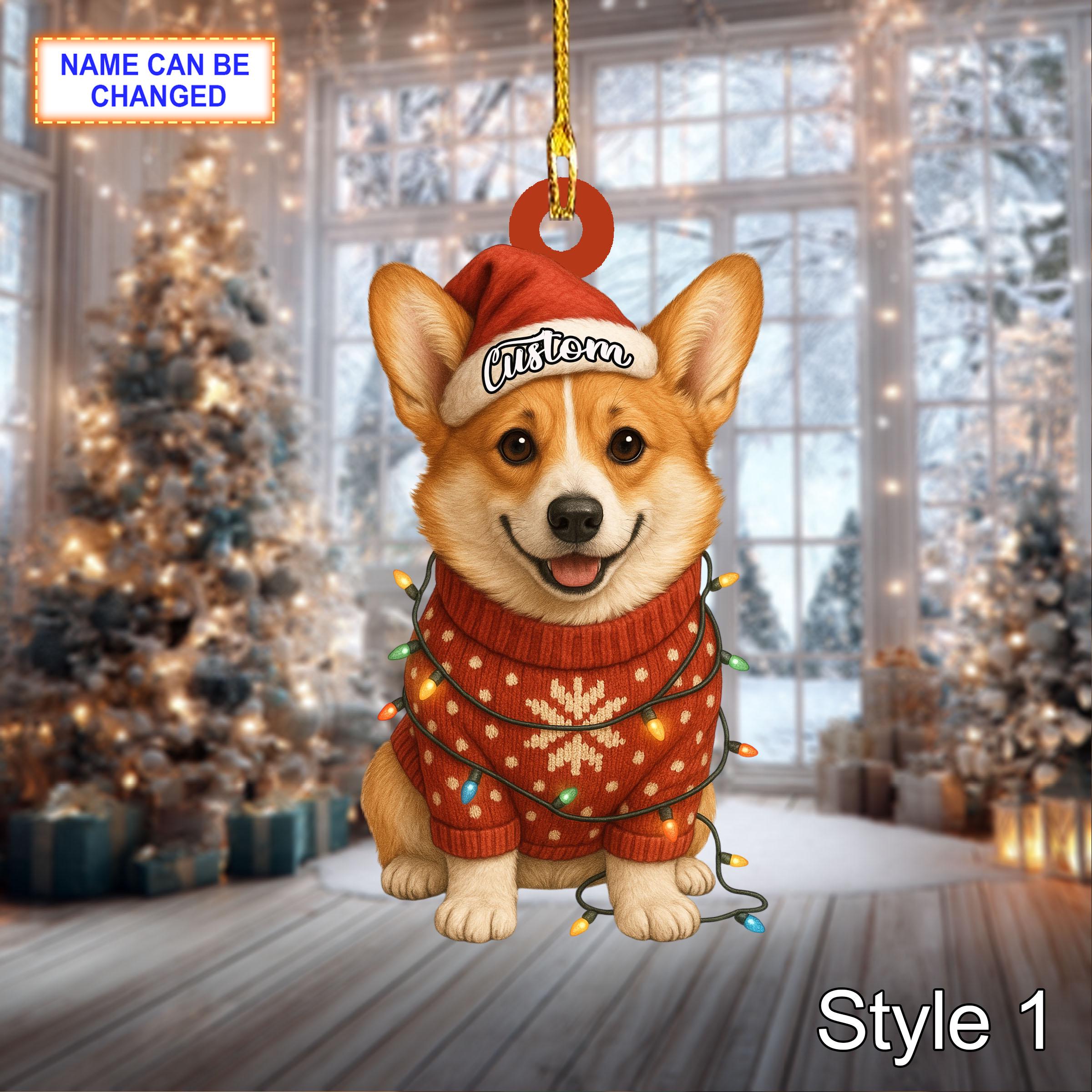 Custom Name Cute Sitting Corgi Dog with Santa Hat Christmas Lights Ornament, festive tree hanging acrylic decor, Christmas flat 2D ornament