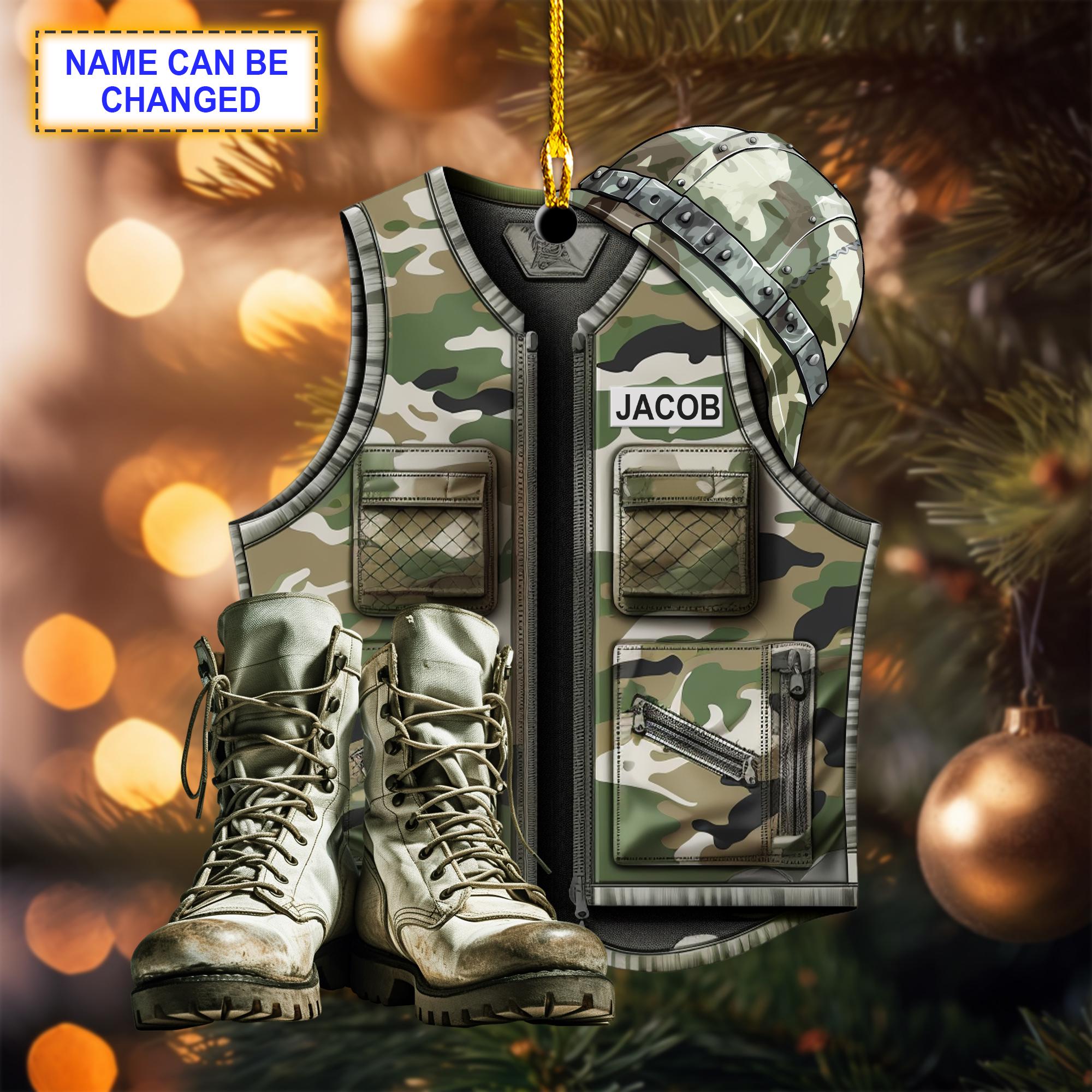Custom Name Military Uniform Boots And Helmet V1 Christmas Ornament, Christmas Tree Hanging Decor, Flat 2D Ornament Acrylic/Wooden