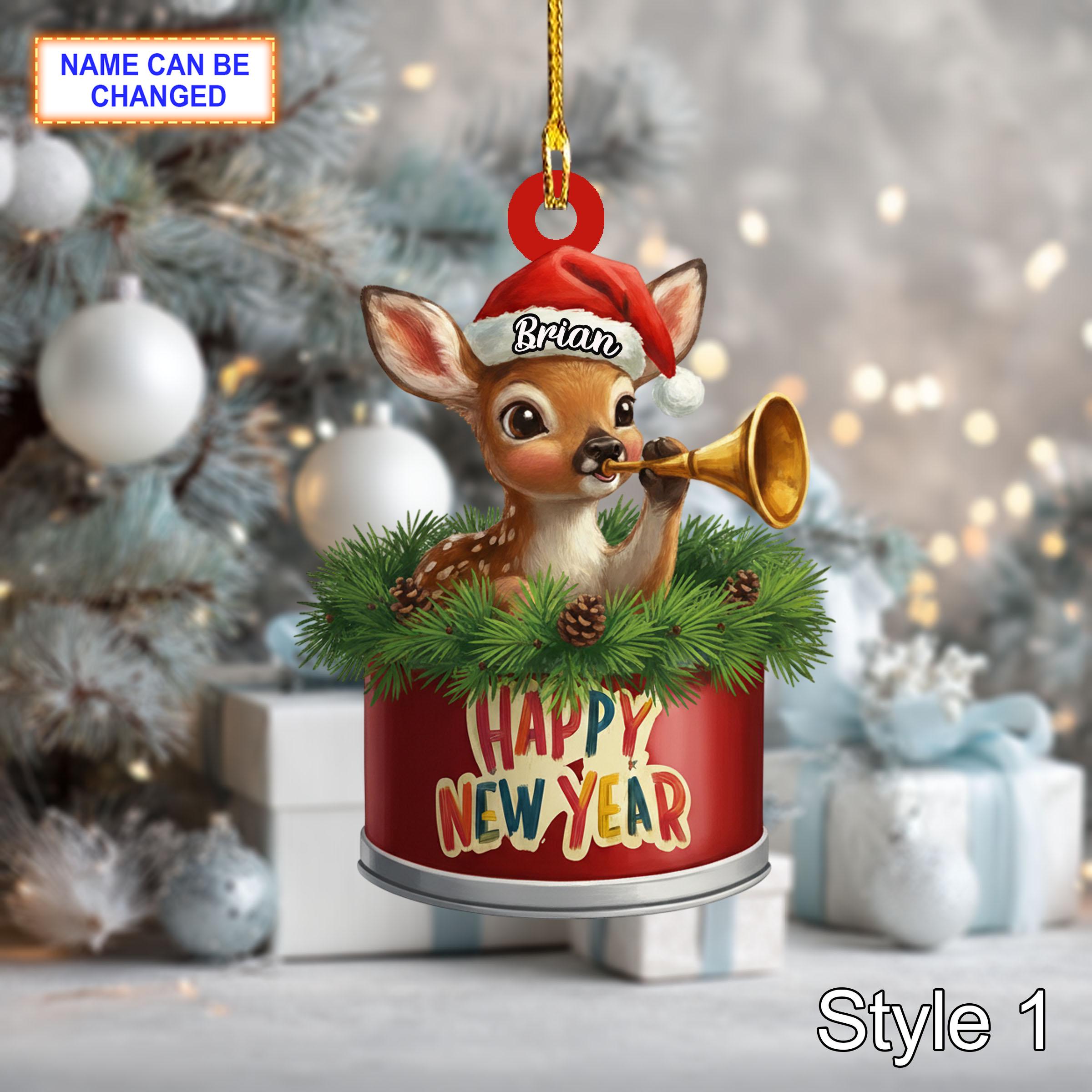 Custom Name Happy New Year Deer Personalized Ornament, Christmas Tree Hanging Decor, 2D Flat Acrylic Christmas Ornament Holiday Gift Idea