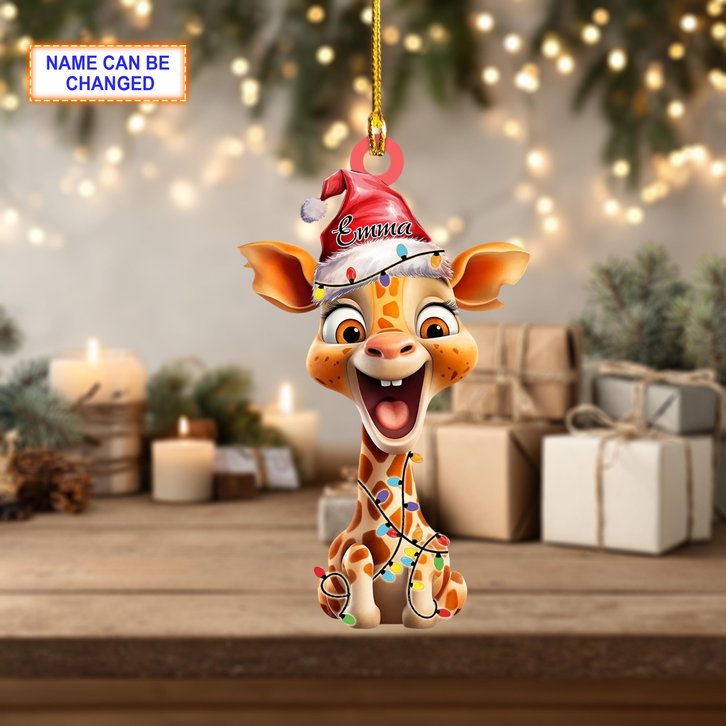 Custom Name Giraffe With Christmas Hat Christmas Ornament, Christmas Tree Hanging Decor, Flat 2D Ornament Acrylic, Animal Lover Gift