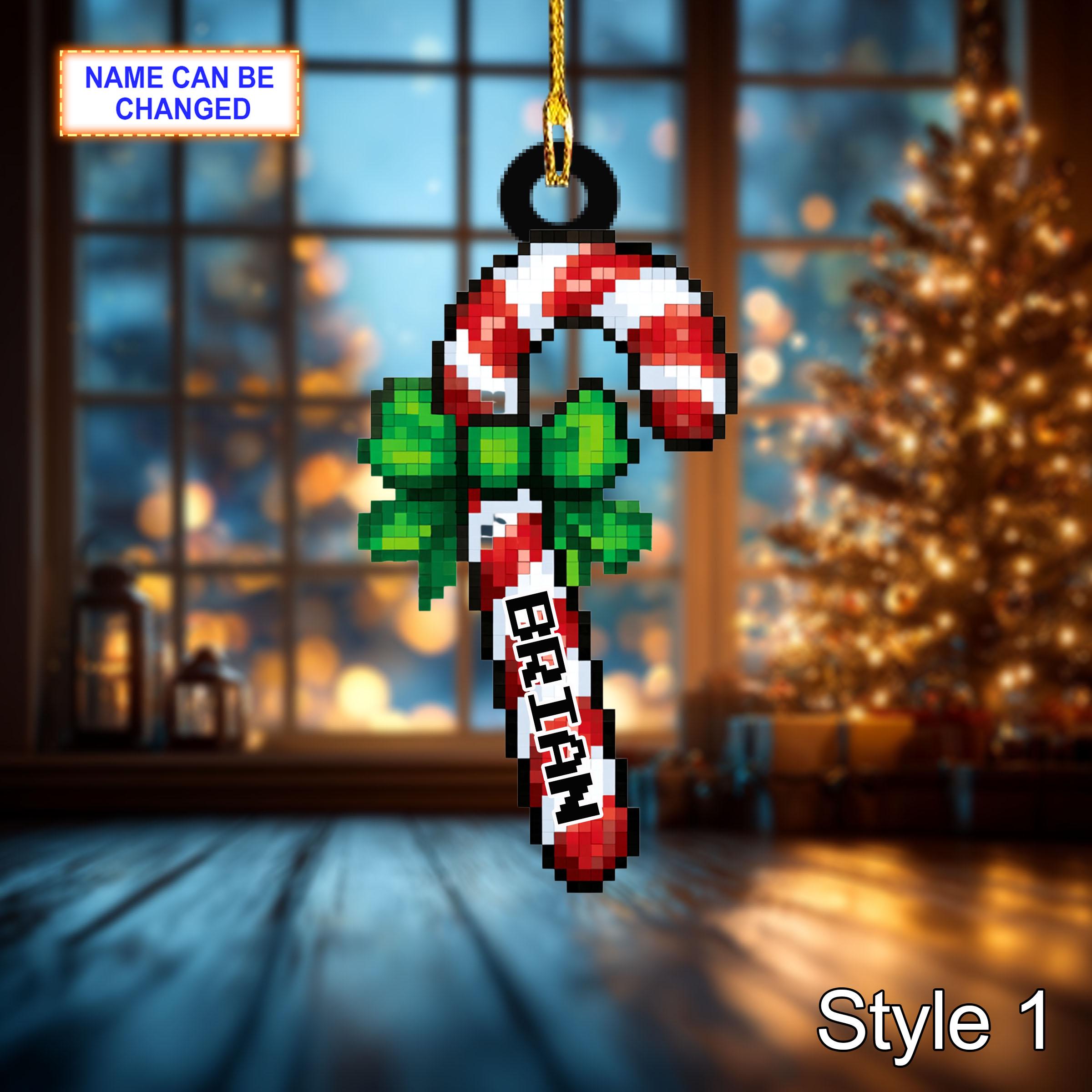 Custom Name Pixel Candy Cane Personalized Ornament, Christmas Tree Hanging Decor, 2D Flat Acrylic Christmas Ornament Holiday Gift Set Joy