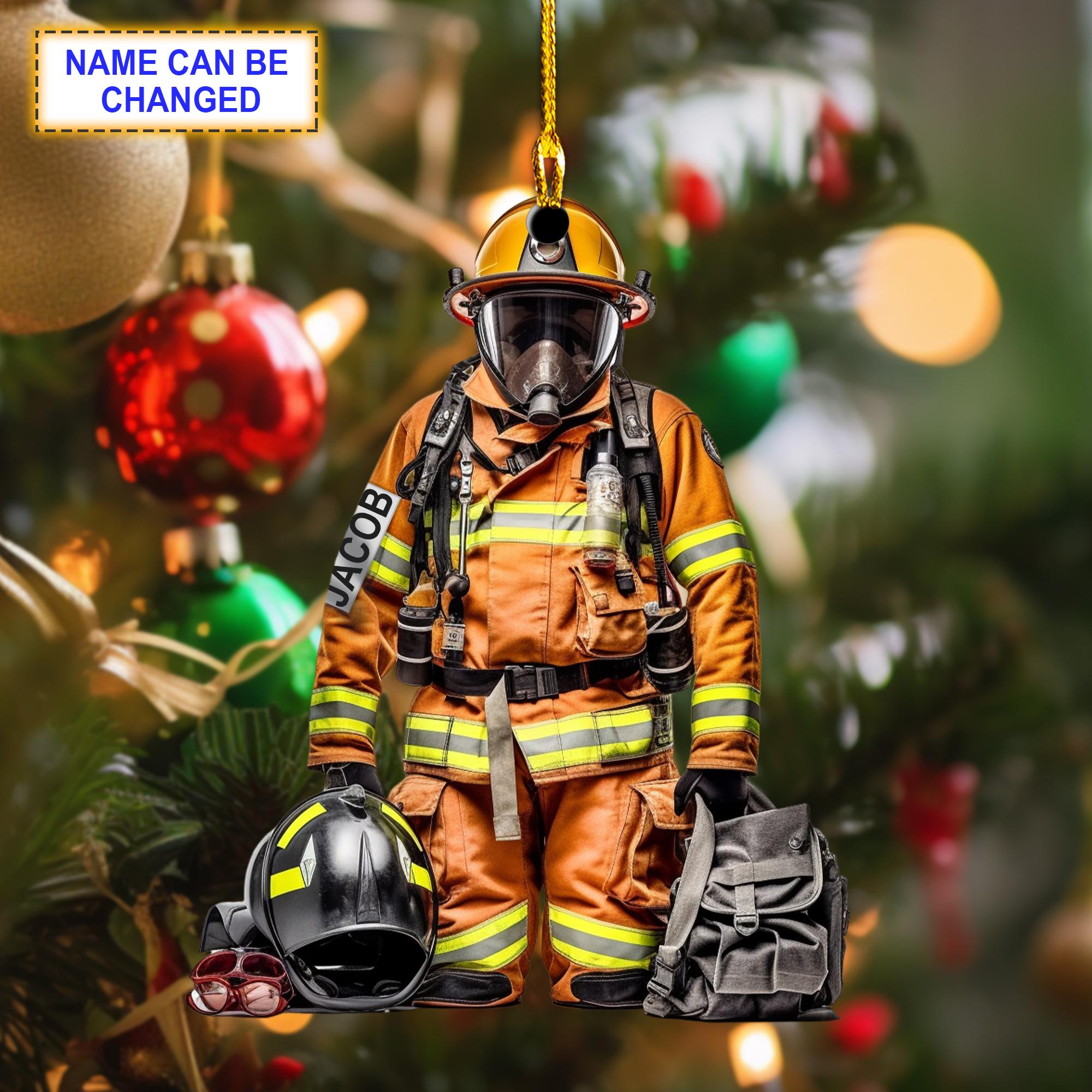 Custom Name Firefighter Armor Christmas Ornament, Christmas Tree Hanging Decor, Flat 2D Ornament Acrylic/ Wooden