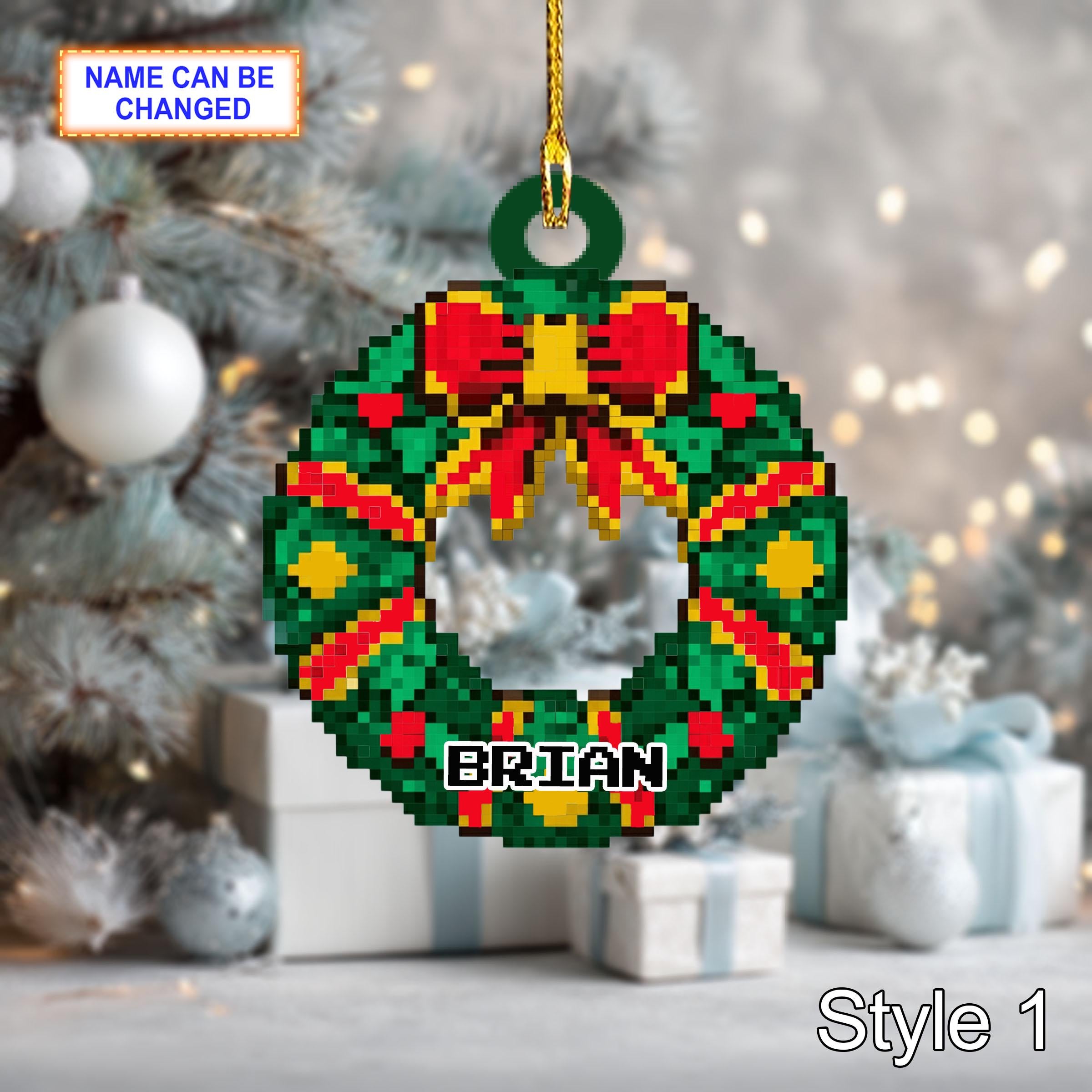 Custom Name Pixel Wreath Personalized Ornament, Christmas Tree Hanging Decor, 2D Flat Acrylic Christmas Ornament Holiday Gift Set Joyful