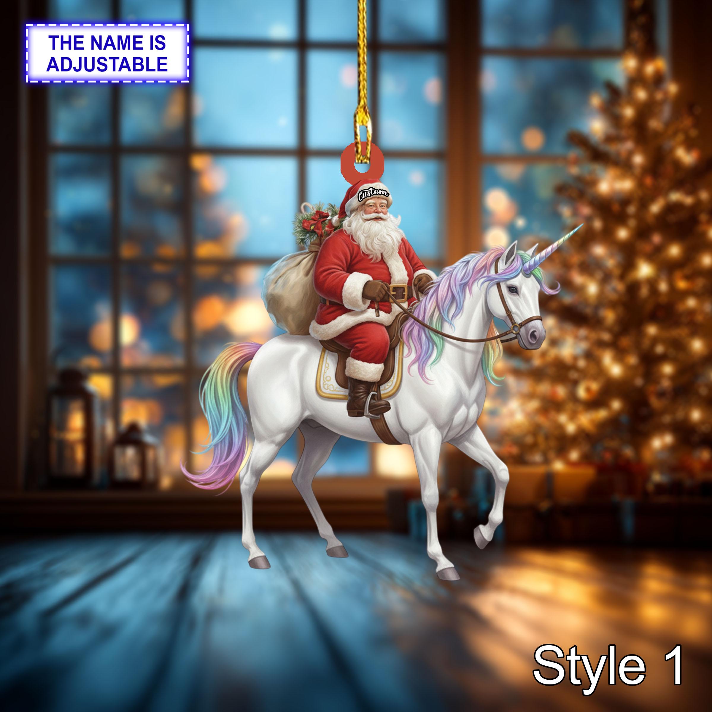 Santa riding Unicorn acrylic 2D flat Christmas ornament, festive tree hanging acrylic holiday decoration, unique Santa riding unicorn gift