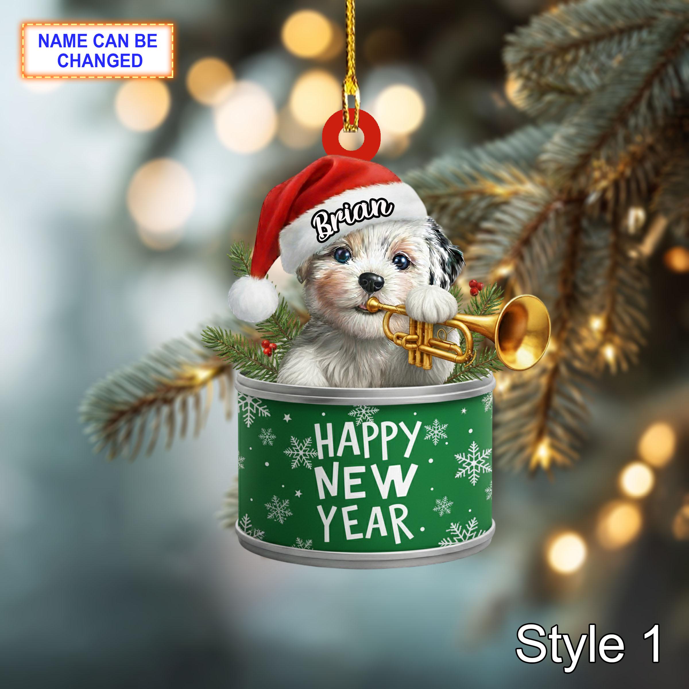 Custom Name Happy New Year Dog Personalized Ornament, Christmas Tree Hanging Decor, 2D Flat Acrylic Christmas Ornament Holiday Keepsake Gift