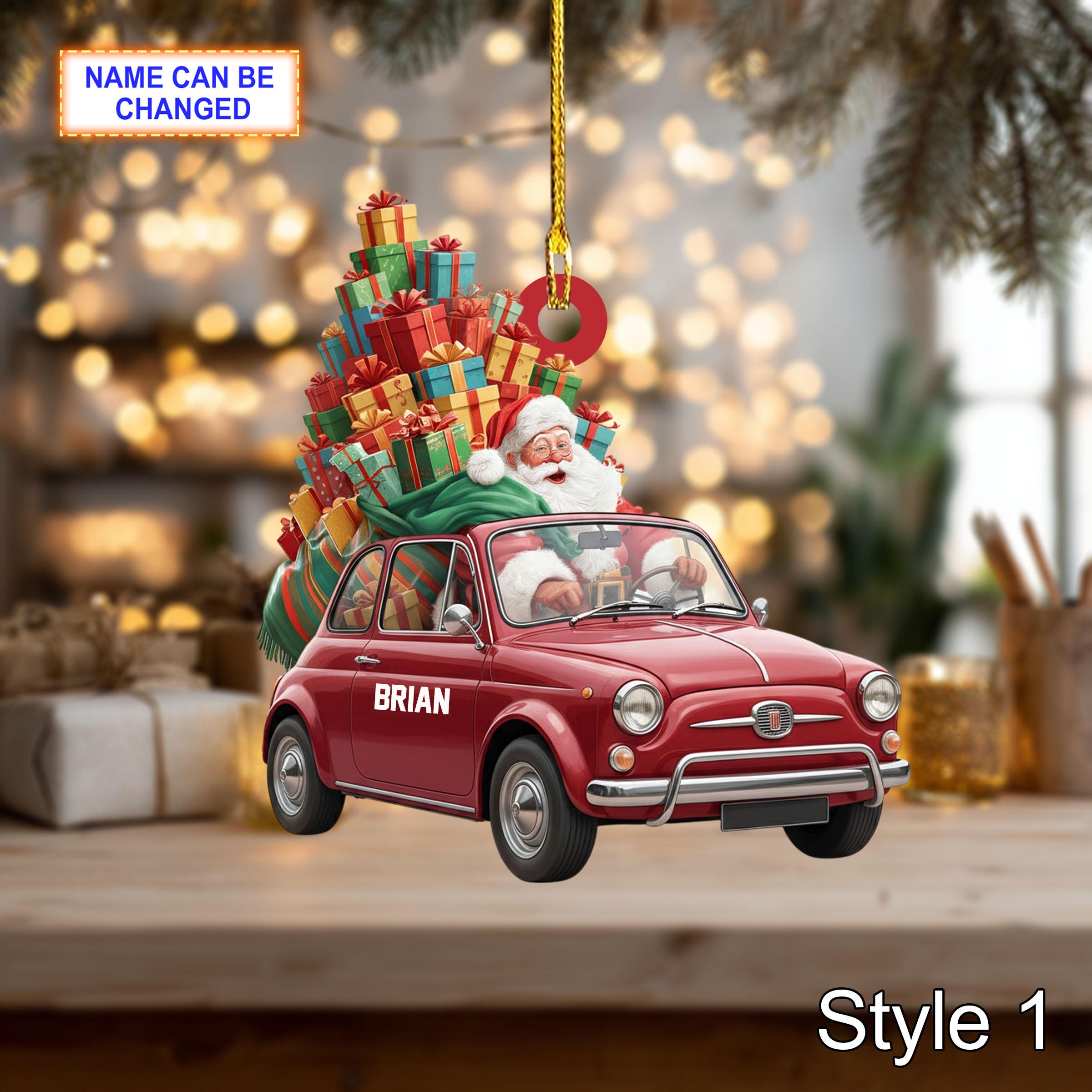 Custom Name Santa Drives Car Personalized Ornament, Christmas Tree Hanging Decor, 2D Flat Acrylic Christmas Ornament Holiday Gift Joy Fun