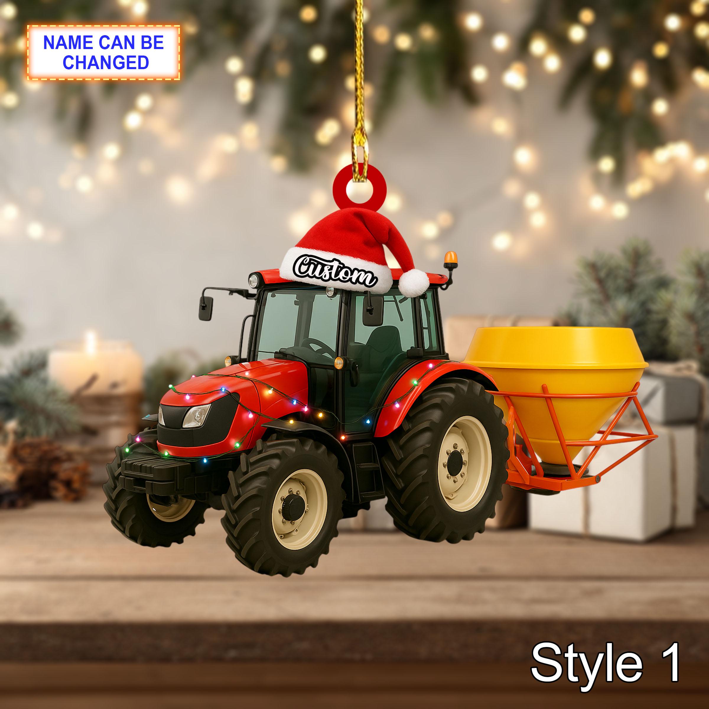 Farmer Mounted Fertilizer Spreader acrylic 2D flat Christmas ornament, tree hanging acrylic decor, unique mounted fertilizer spreader gift