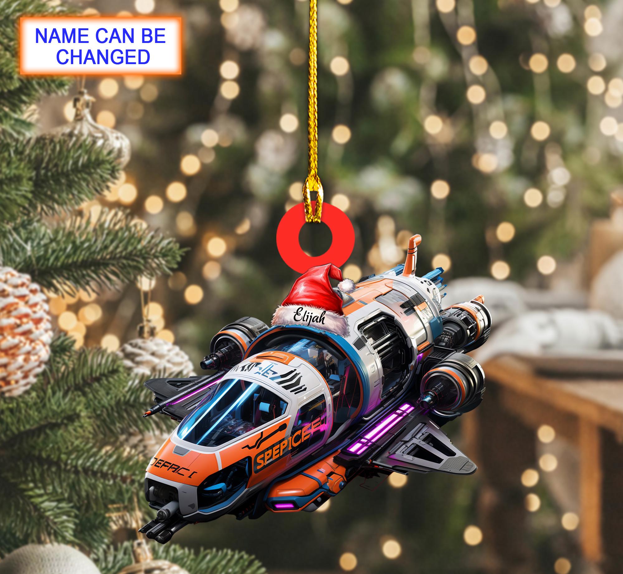 Custom Name Spaceship With Santa Hat Personalized Ornament, Tree Hanging Decor, Christmas Ornament, Flat 2D Ornament Acrylic / Wooden