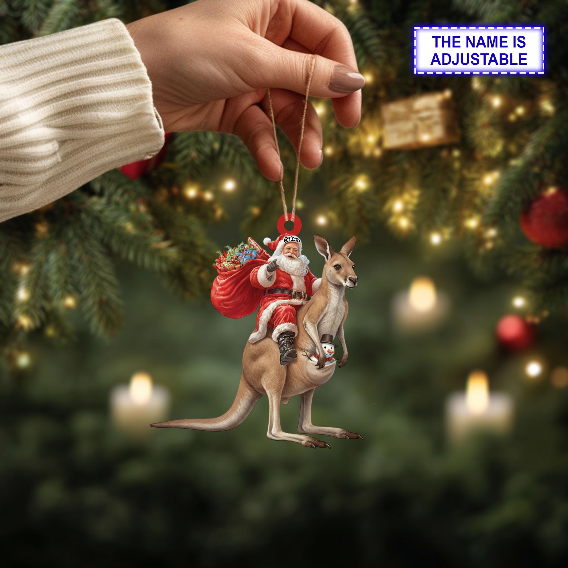 Santa Riding Kangaroo Acrylic 2D Flat Christmas Ornament, Festive Tree Hanging Acrylic Holiday Decoration, Unique Santa Riding Kangaroo Gift