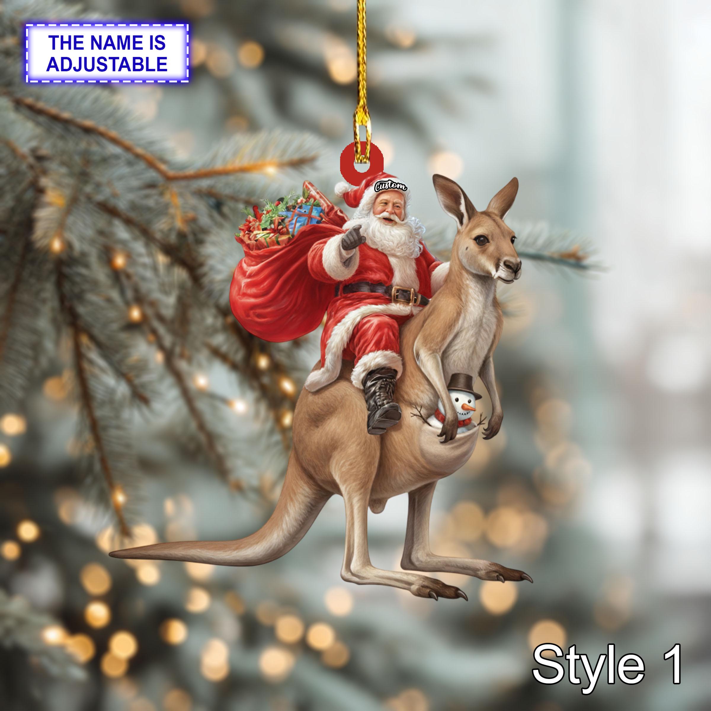 Santa riding Kangaroo acrylic 2D flat Christmas ornament, festive tree hanging acrylic holiday decoration, unique Santa riding kangaroo gift