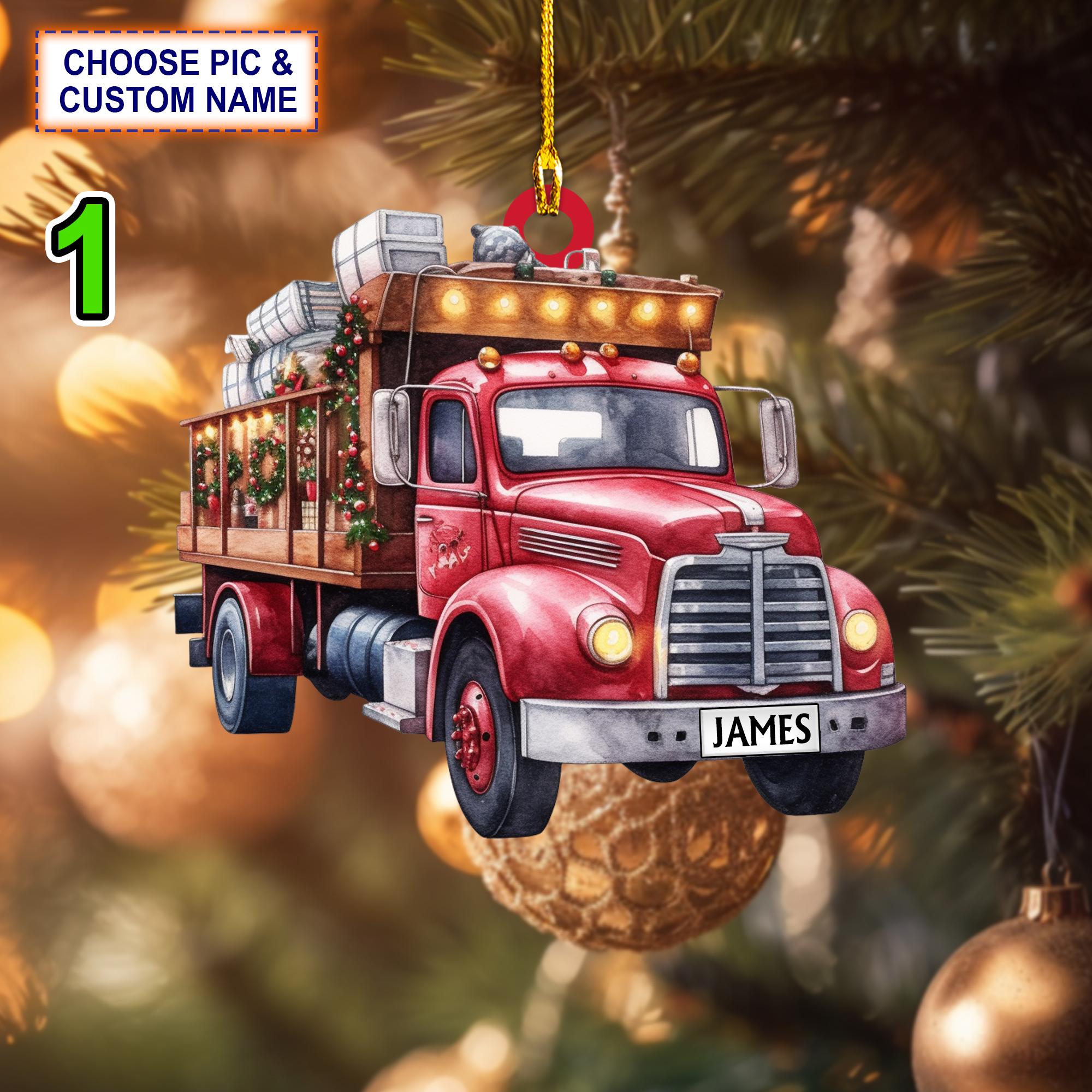 Custom Name Truck Merry Christmas Personalized Ornament, Christmas Tree Hanging Decor, Flat 2D Ornament Acrylic/ Wooden, Truck Ornament