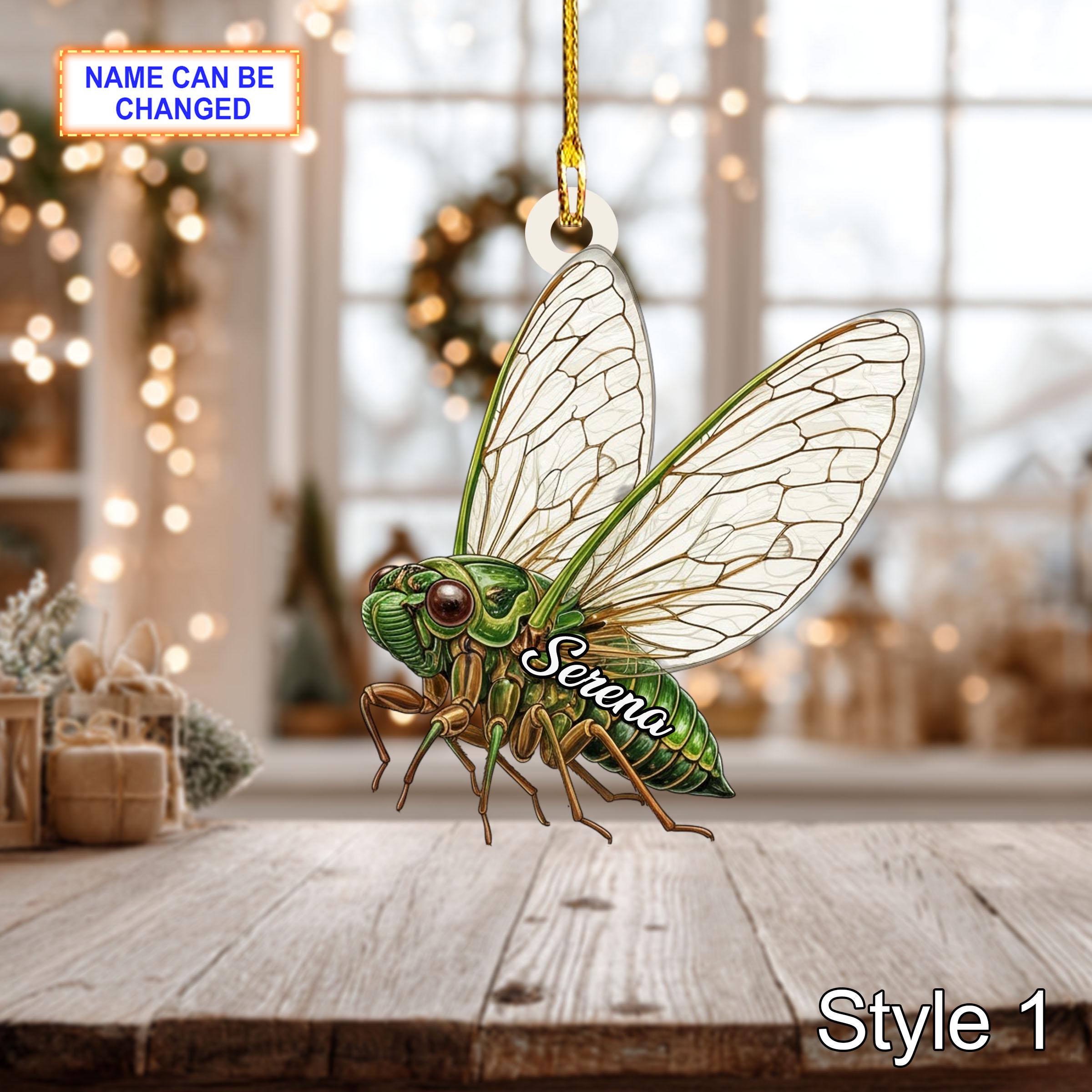 Custom Name Dry Pressing Cicada Personalized Holiday Ornament, Christmas Tree Hanging Decor, 2D Flat Acrylic Christmas Ornament Holiday Gift