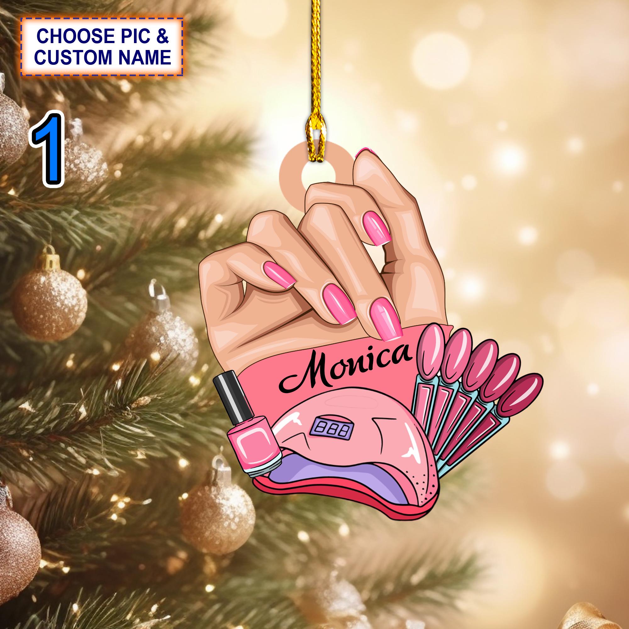 Custom Name Nail Technician Manicurist Christmas Ornament, Christmas Tree Hanging Decor, Flat 2D Ornament Acrylic/ Wooden, Nail Ornament