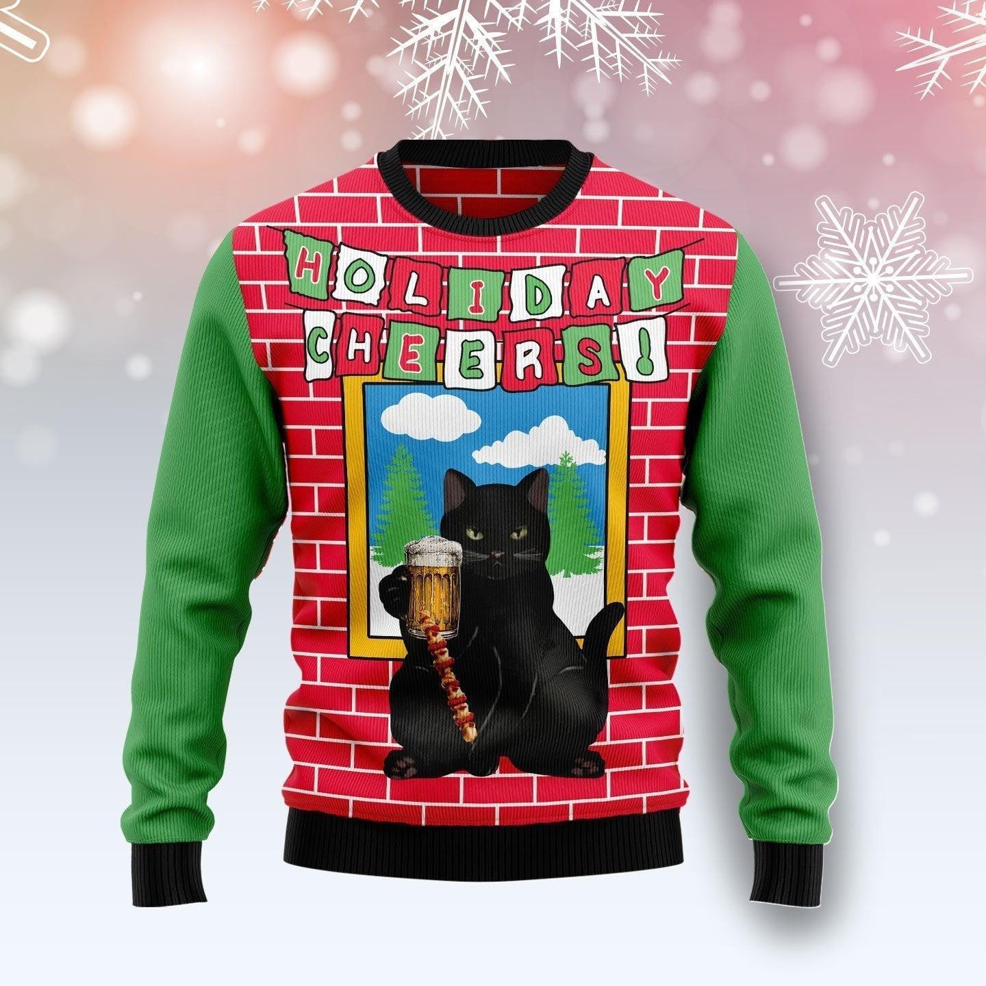 Holiday Cheer Black Cat Beer Ugly Christmas Sweater, Ugly Christmas Sweater, Funny Xmas Sweaters