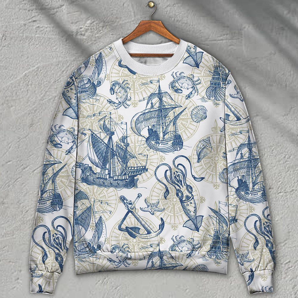 Ocean Life Vintage Sailboat Sea Monster Geographical Maps Ugly Sweater, Ugly Christmas Sweater, Funny Xmas Sweaters