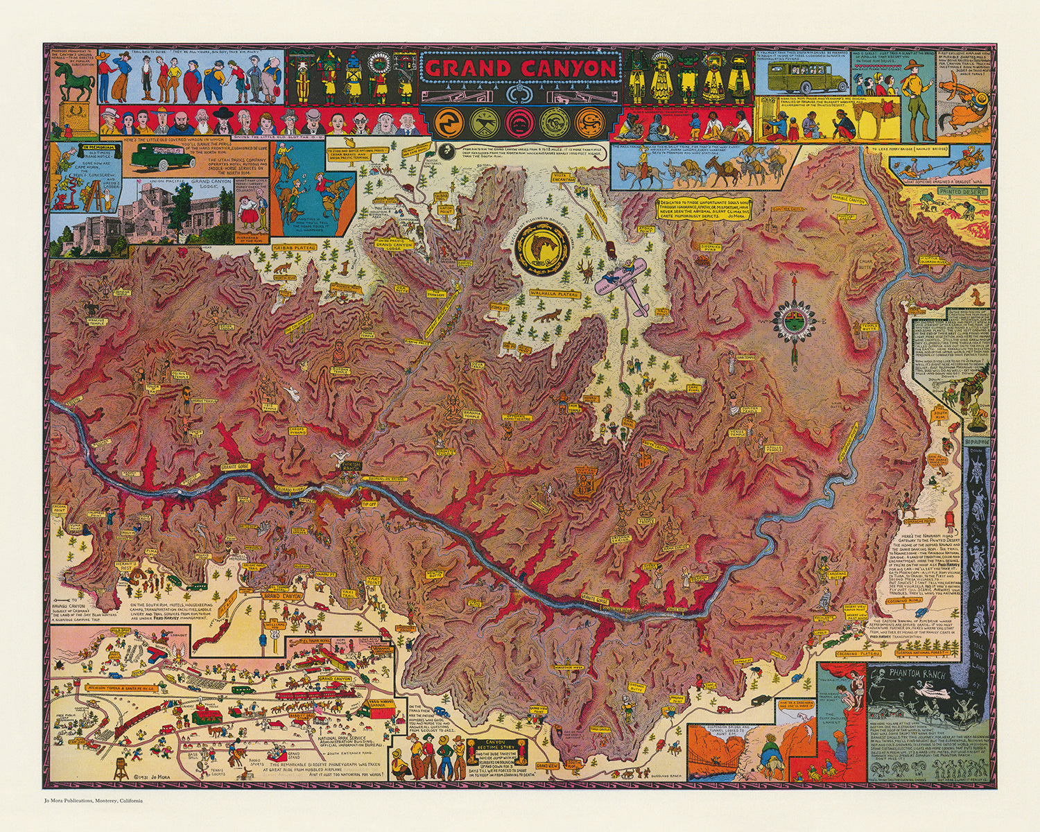 Old Pictorial Map of Grand Canyon by Mora, 1931: Bright Angel Trail, Phantom Ranch, Hopi House, El Tovar, Vishnu Temple