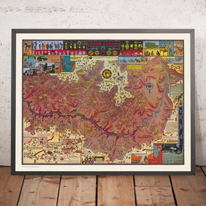 Old Pictorial Map of Grand Canyon by Mora, 1931: Bright Angel Trail, Phantom Ranch, Hopi House, El Tovar, Vishnu Temple