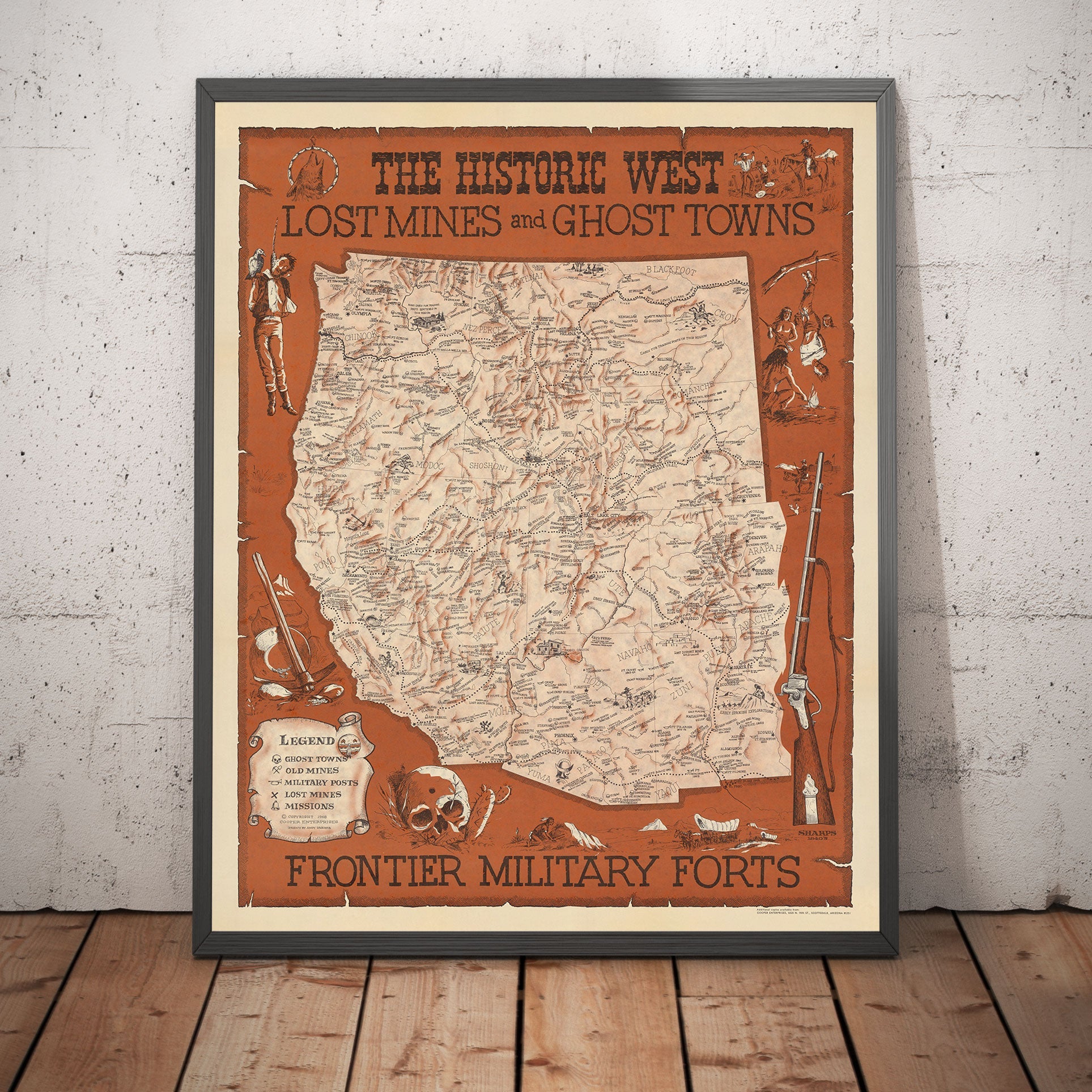 Old Map of the American Wild West by Andy Dagosta in 1968 - Cowboys, Indians, Outlaws, Frontier, Oregon Trail