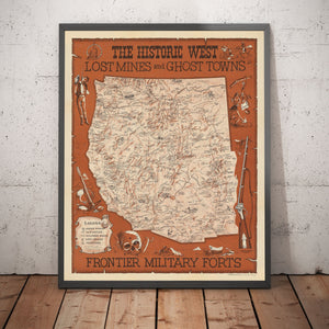 Old Map of the American Wild West by Andy Dagosta in 1968 - Cowboys, Indians, Outlaws, Frontier, Oregon Trail
