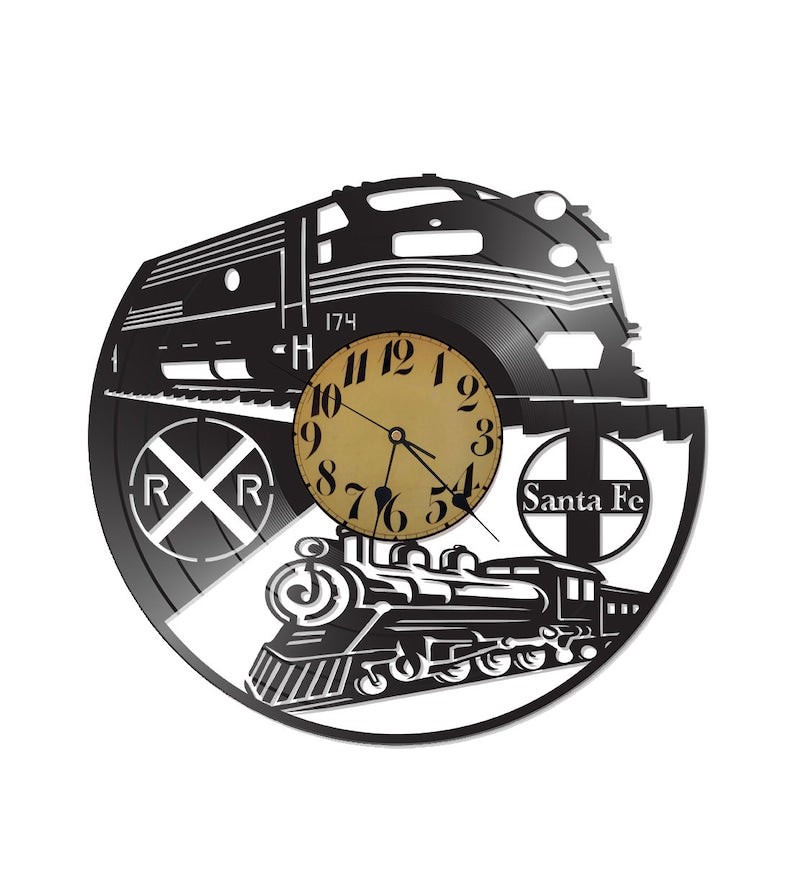 Railspirit Santa Fe Train Vinyl Record Wall Clock With or Without LED Light Home Decor Gift Idea For Train Lovers
